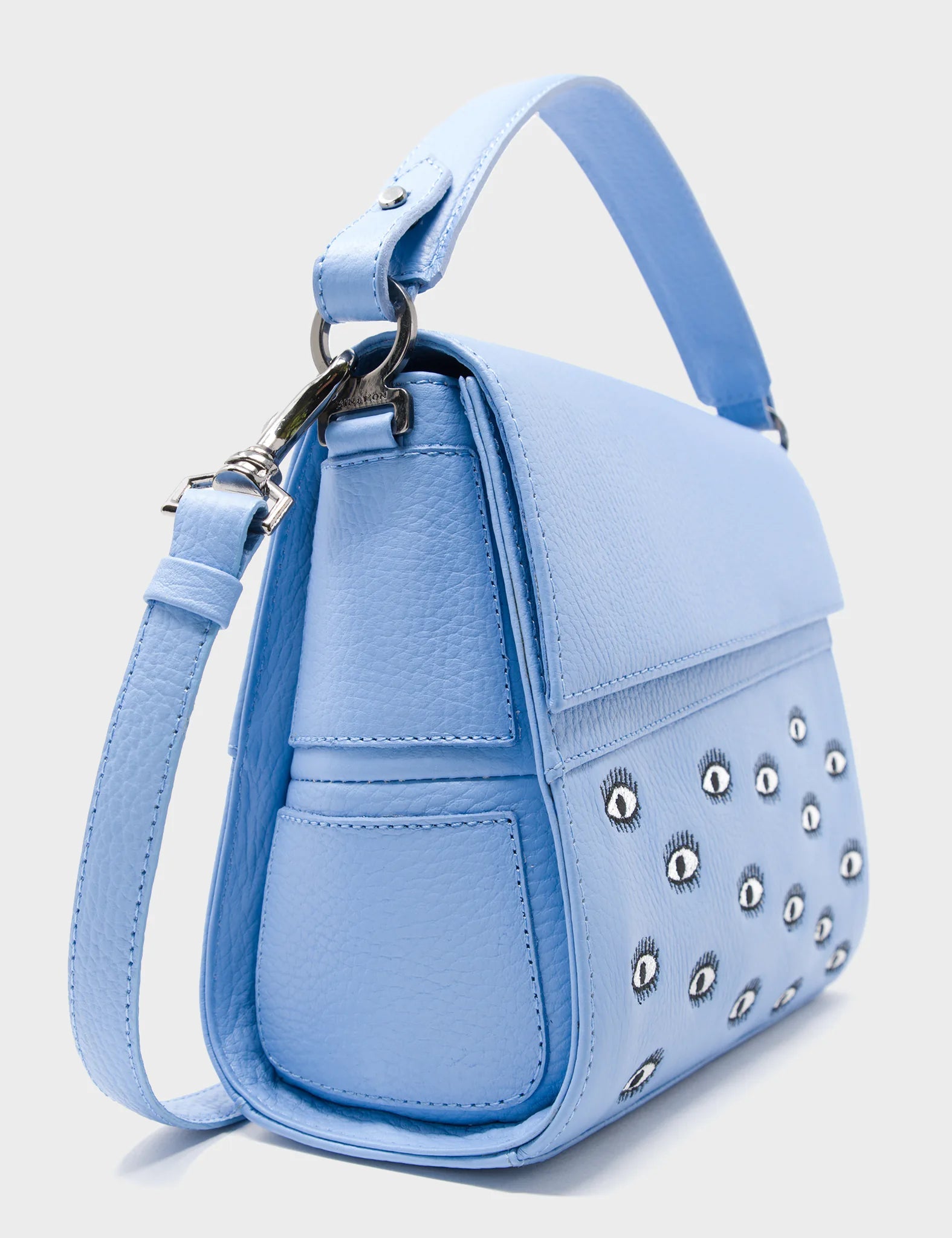 Mini Crossbody Handbag Vista Blue Leather - Eyes Embroidery -Side