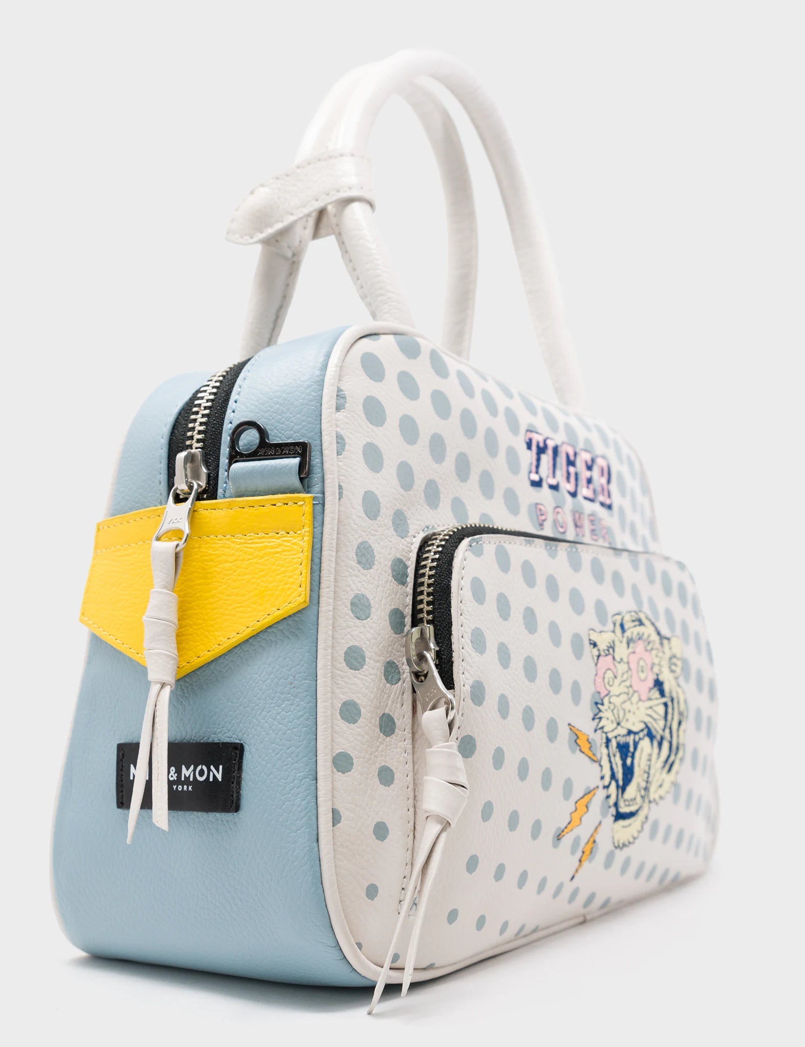 Cream Crossbody Leather Bag - Comic Tiger Power Embroidery Polkadot print - Side view