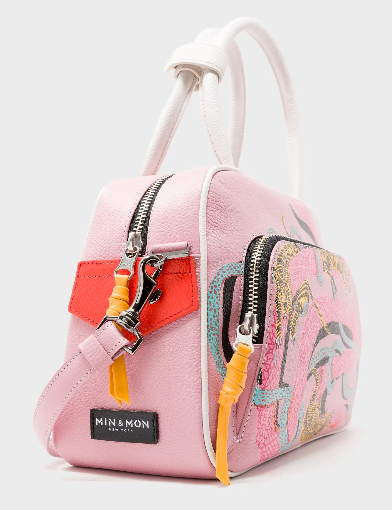 Medium Crossbody Blush Pink Leather Bag - Tiger And Snake Print - Side