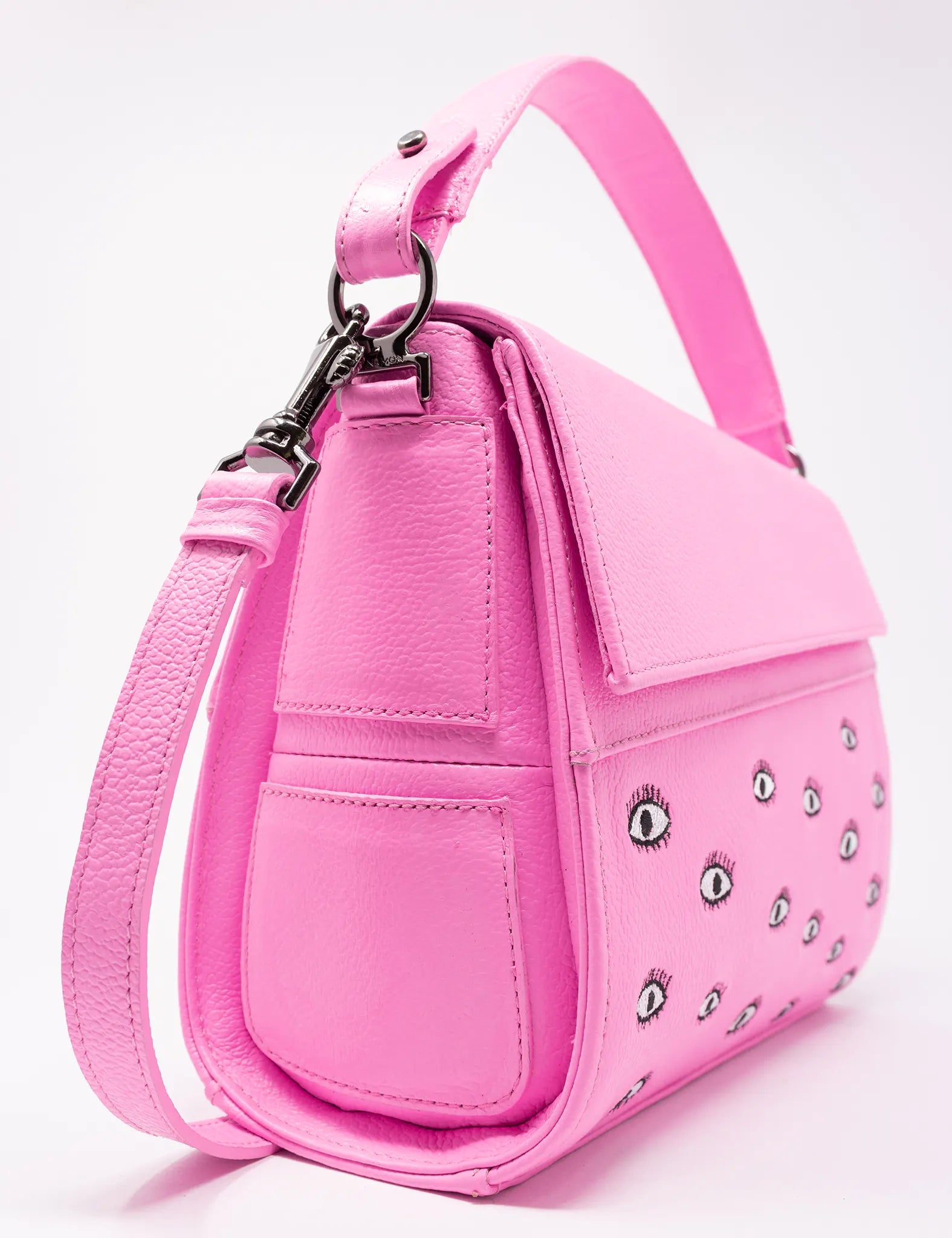 Anastasio Mini Crossbody Handbag Bubblegum Pink Leather - All Over Eyes Embroidery - Side view
