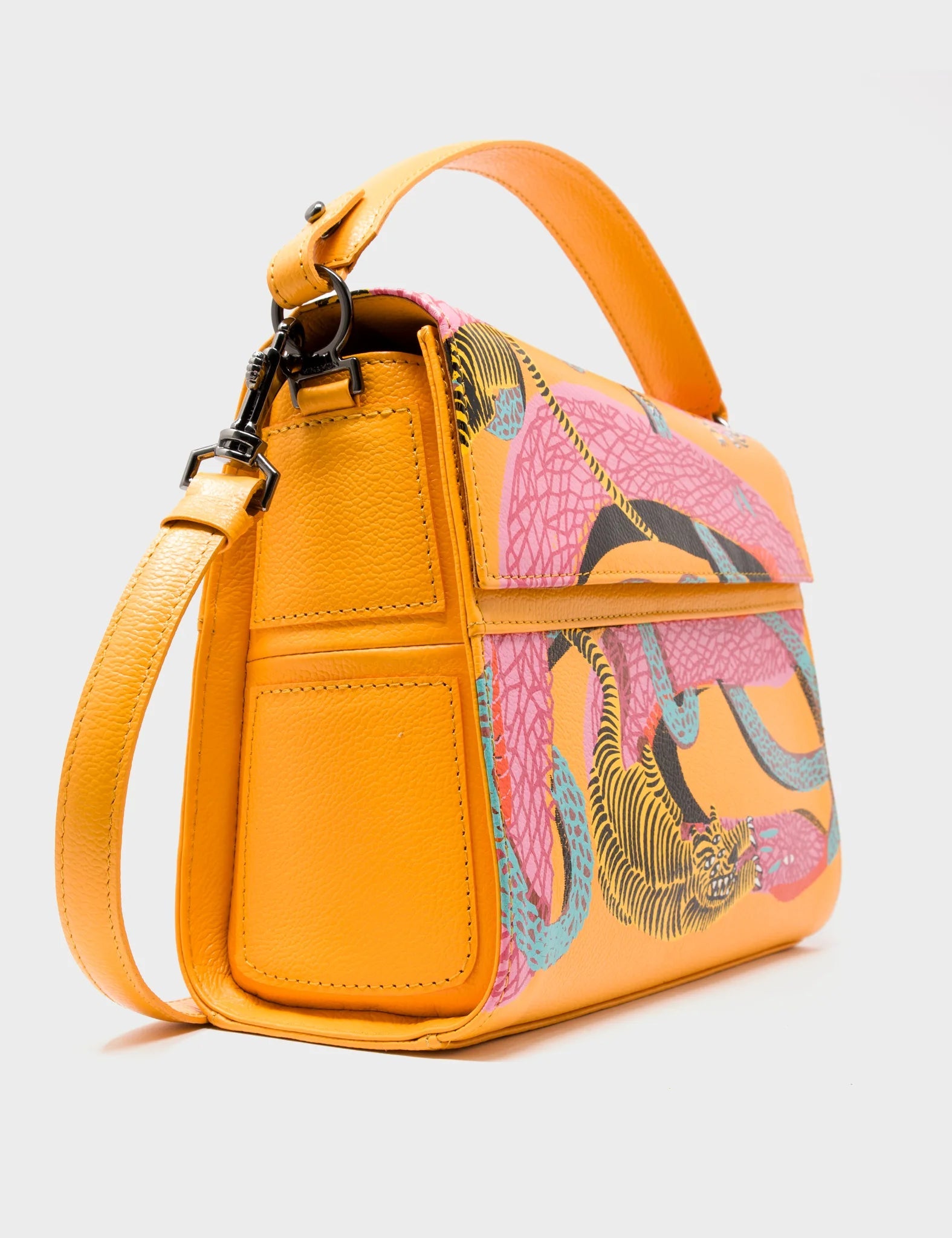 Bag Medium Crossbody Handbag Marigold Leather - Tangle Tiger and Snake Print - Side