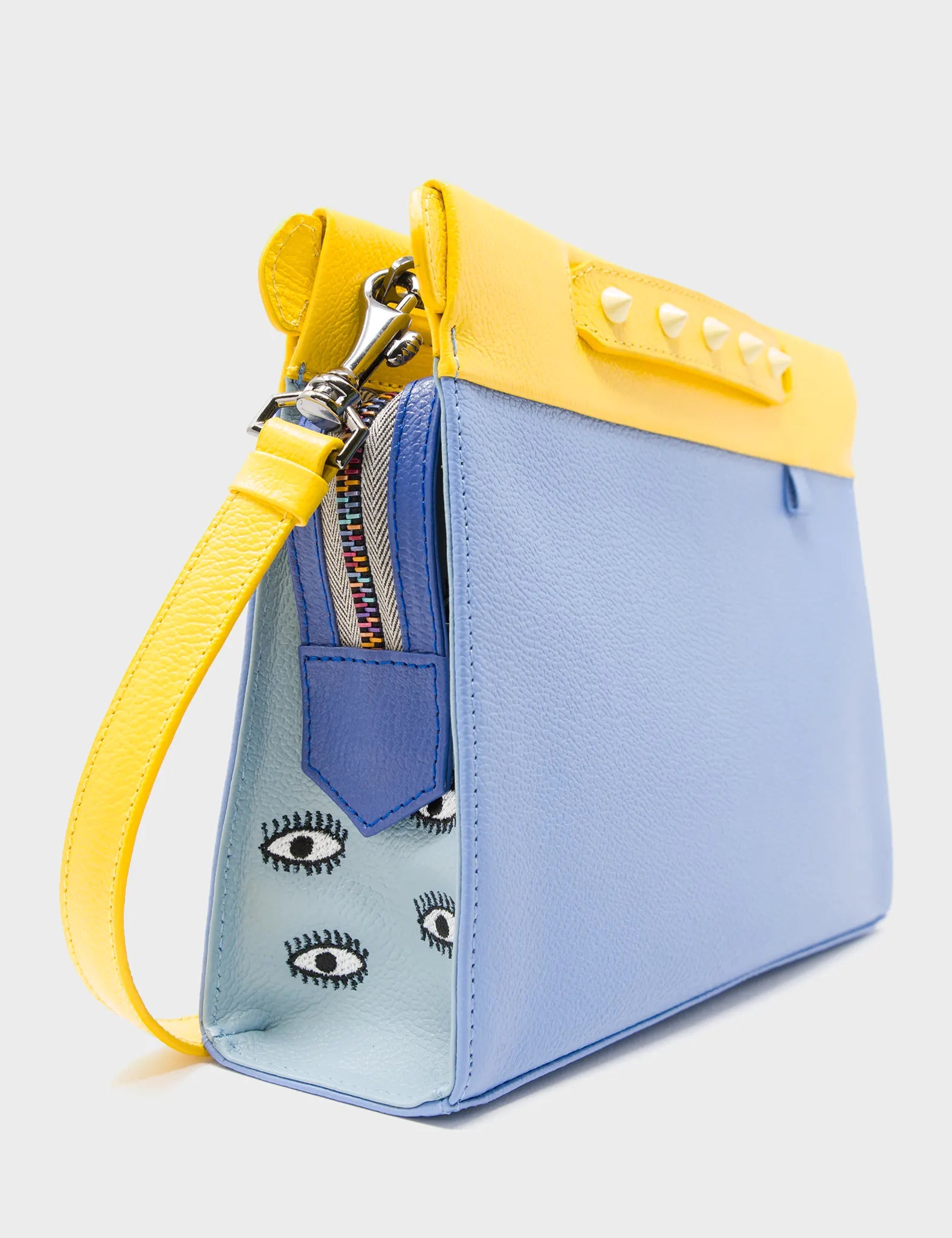 Crossbody Small Blue and Yellow Leather Bag - Eyes Embroidery - Side