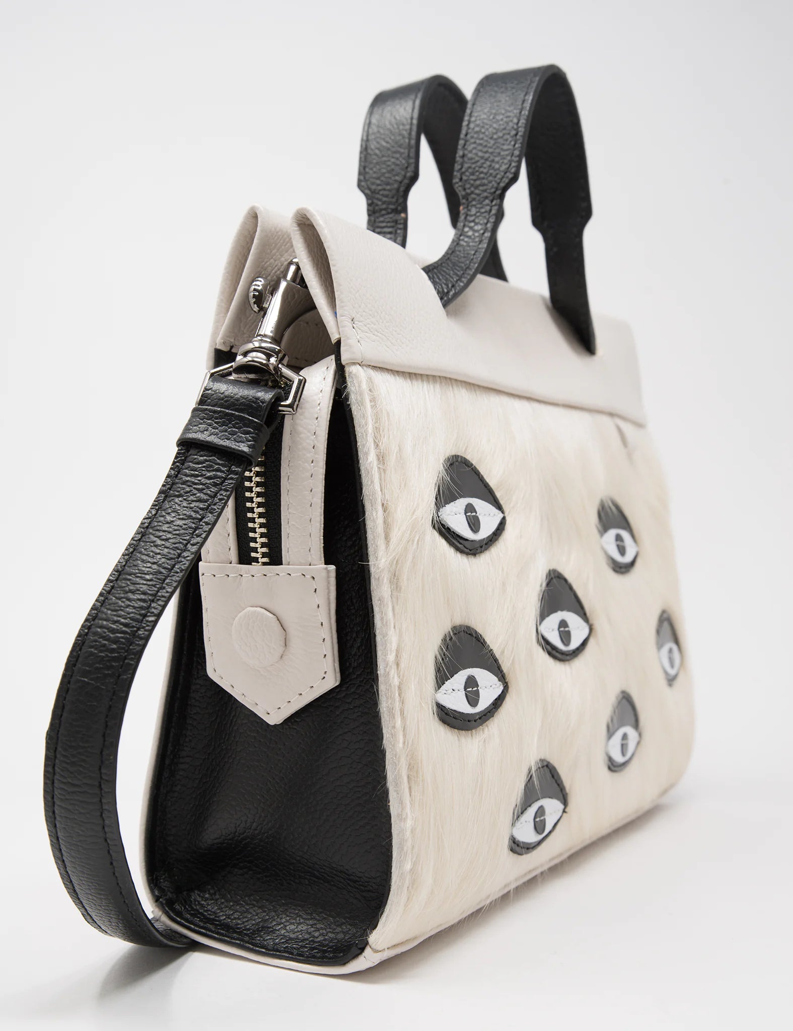 Vali Crossbody Small Cream Leather Bag - Eyes Applique Adjustable Handle - Close up view