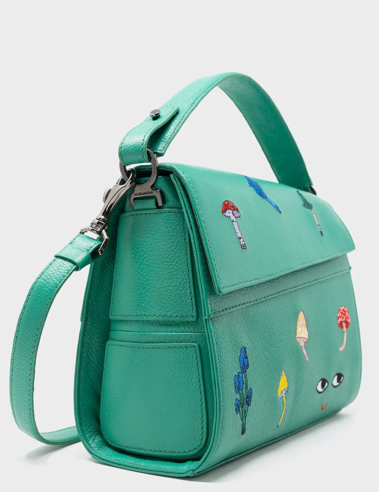 Mini Crossbody Handbag Deep Green Leather - Fungi, Smiley Face and Birds  Embroidery – Min & Mon