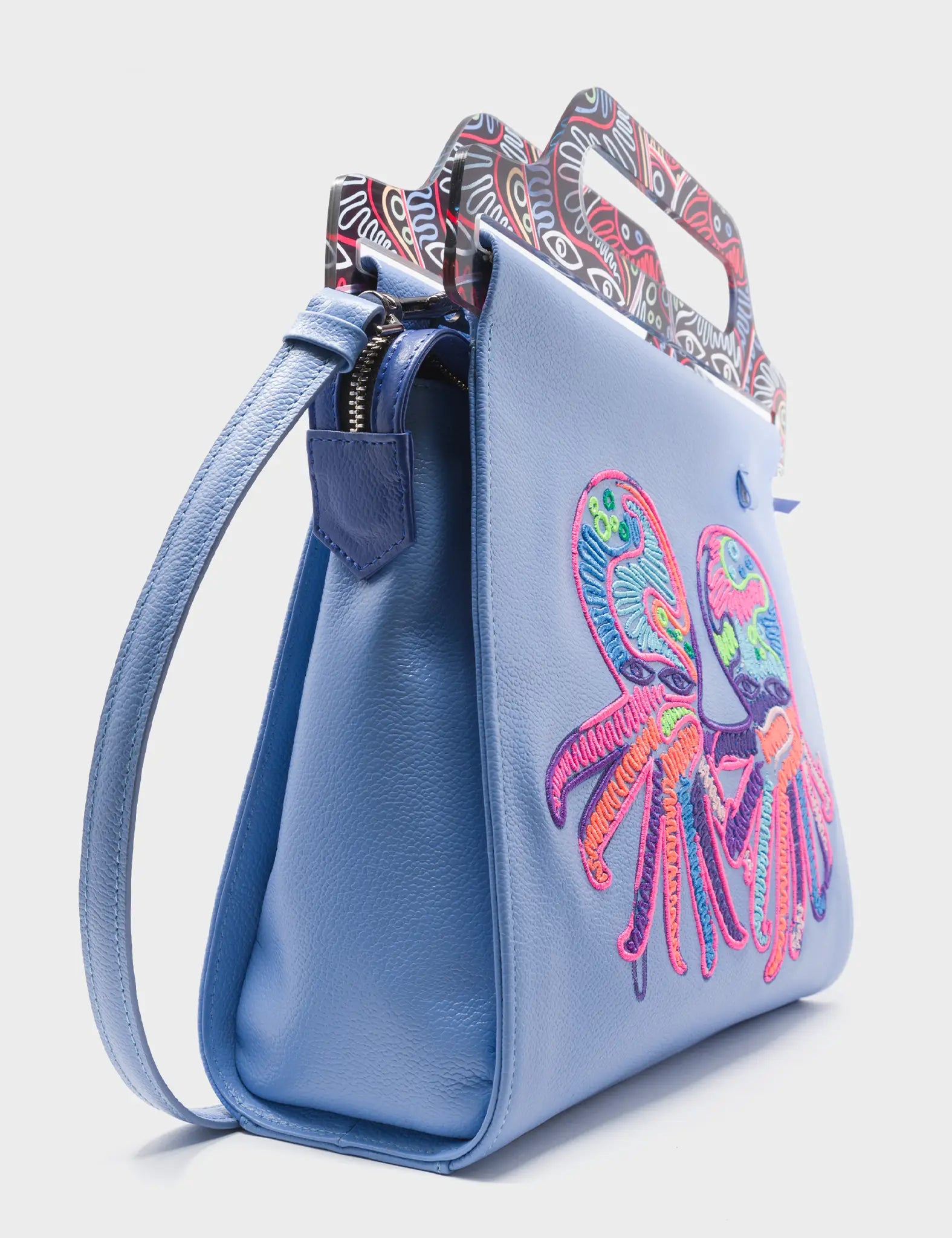 Crossbody Blue Leather Handbag Multicolored Octopus Design - Side 