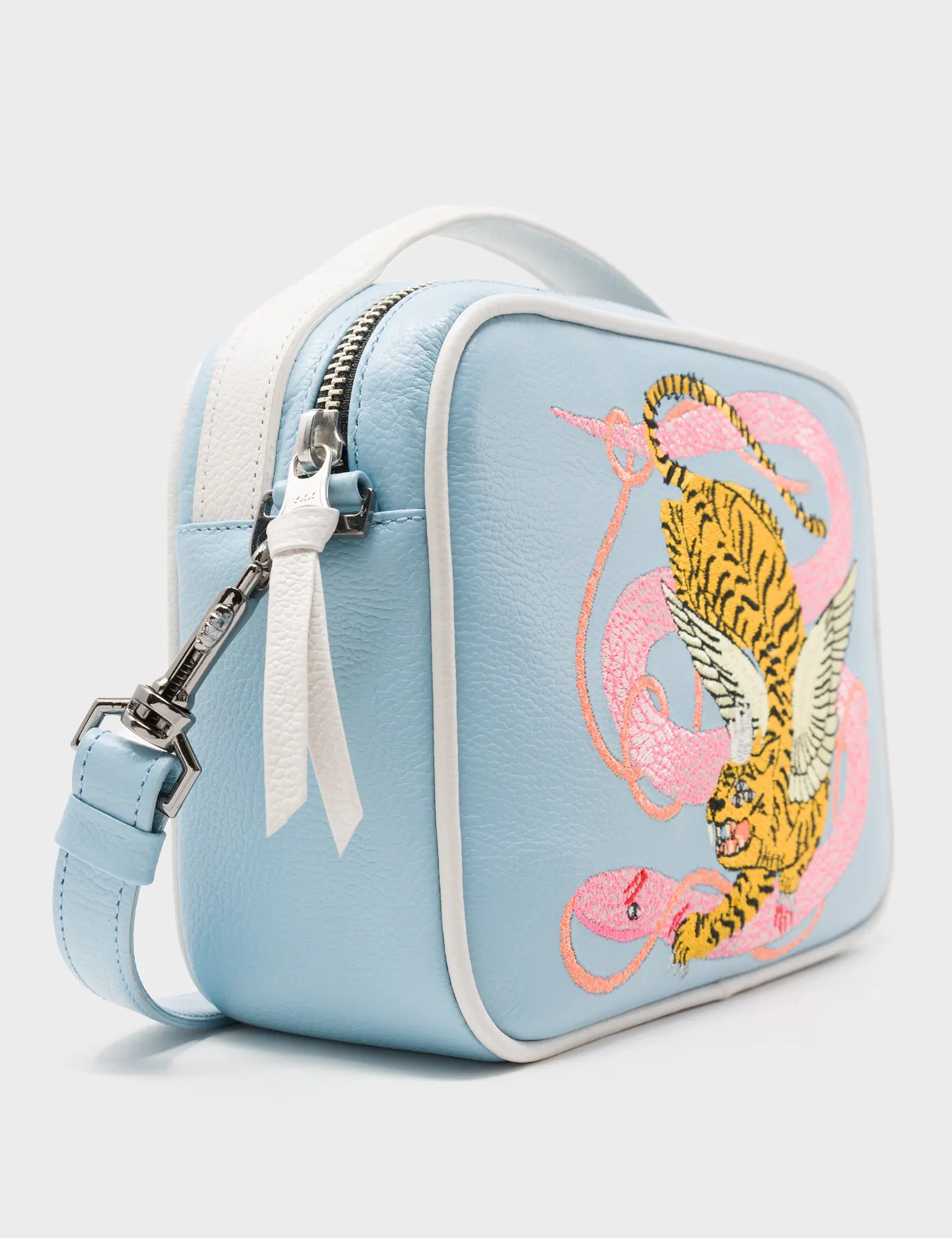Stratosphere Blue Leather Crossbody Handbag - Tiger and Snake Embroidery - Side