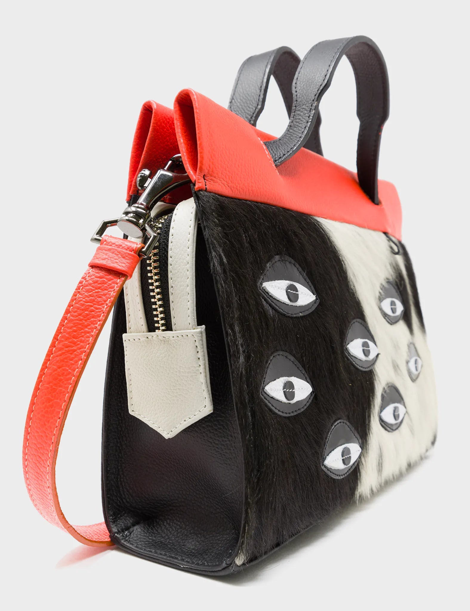 Crossbody Small Black Spotted Fur And Red Leather Bag - Eyes Applique Adjustable Handle - Side 