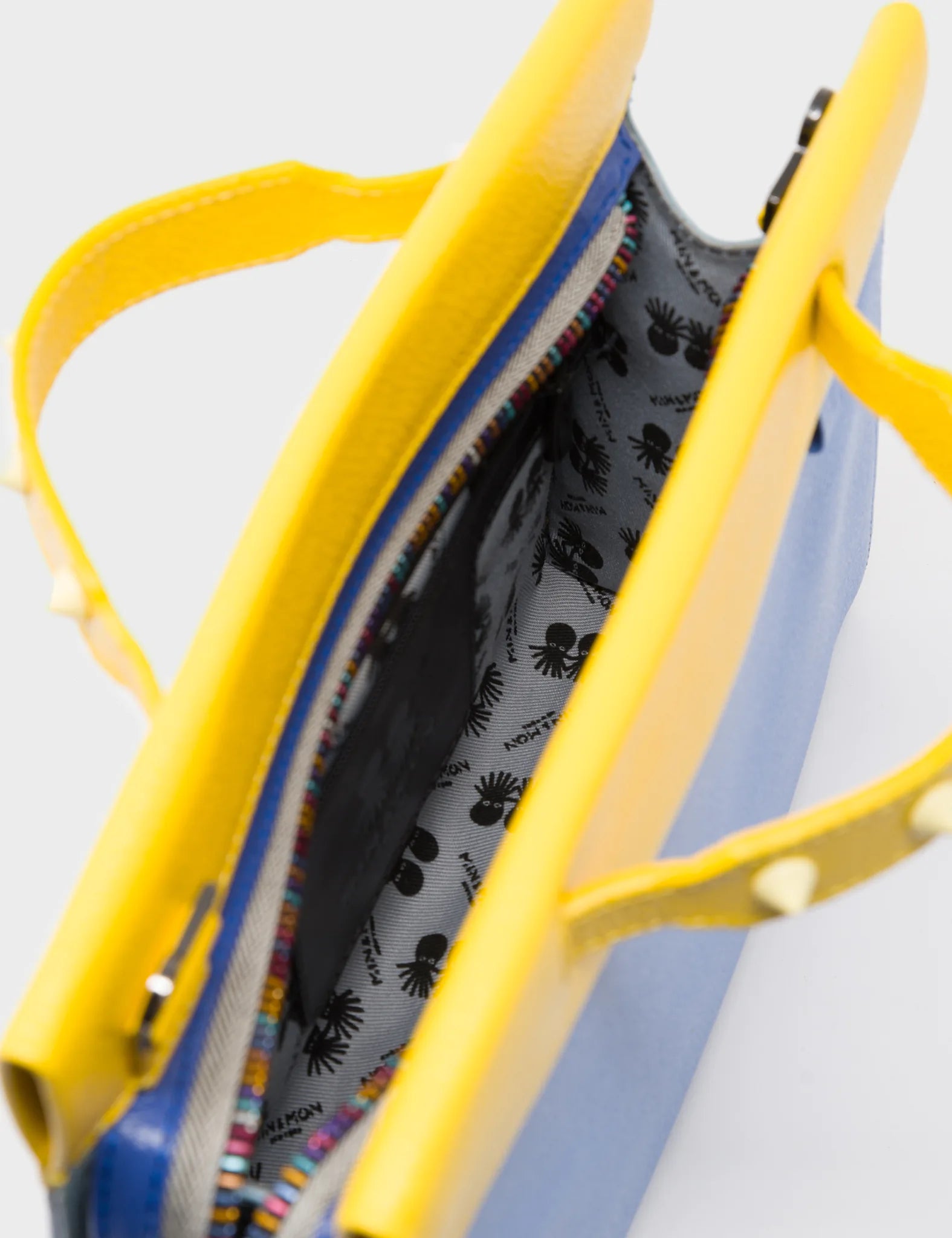 Crossbody Small Blue and Yellow Leather Bag - Eyes Embroidery - Inside