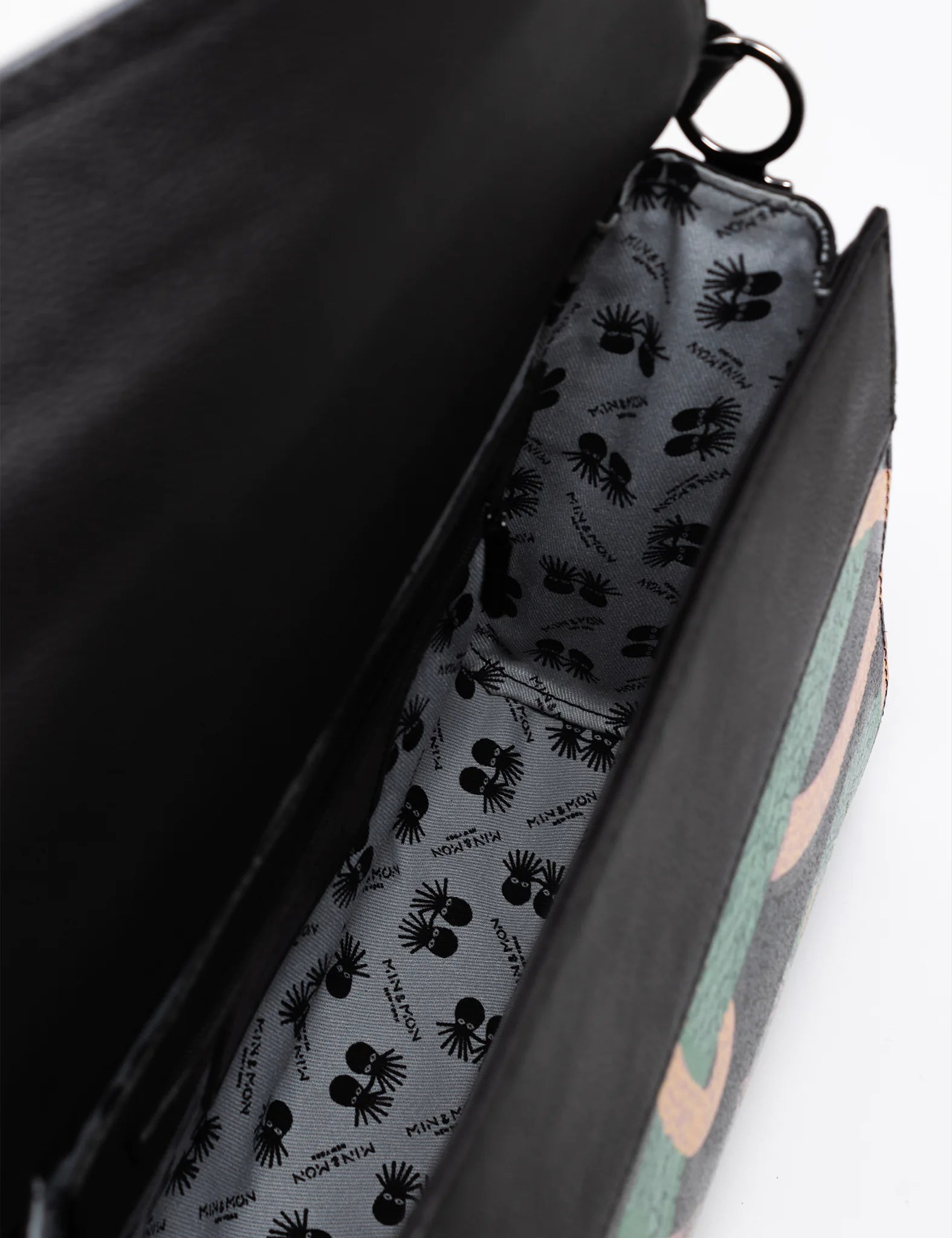 Medium Crossbody Handbag Black Leather - Tiger And Snake Print - Inside view