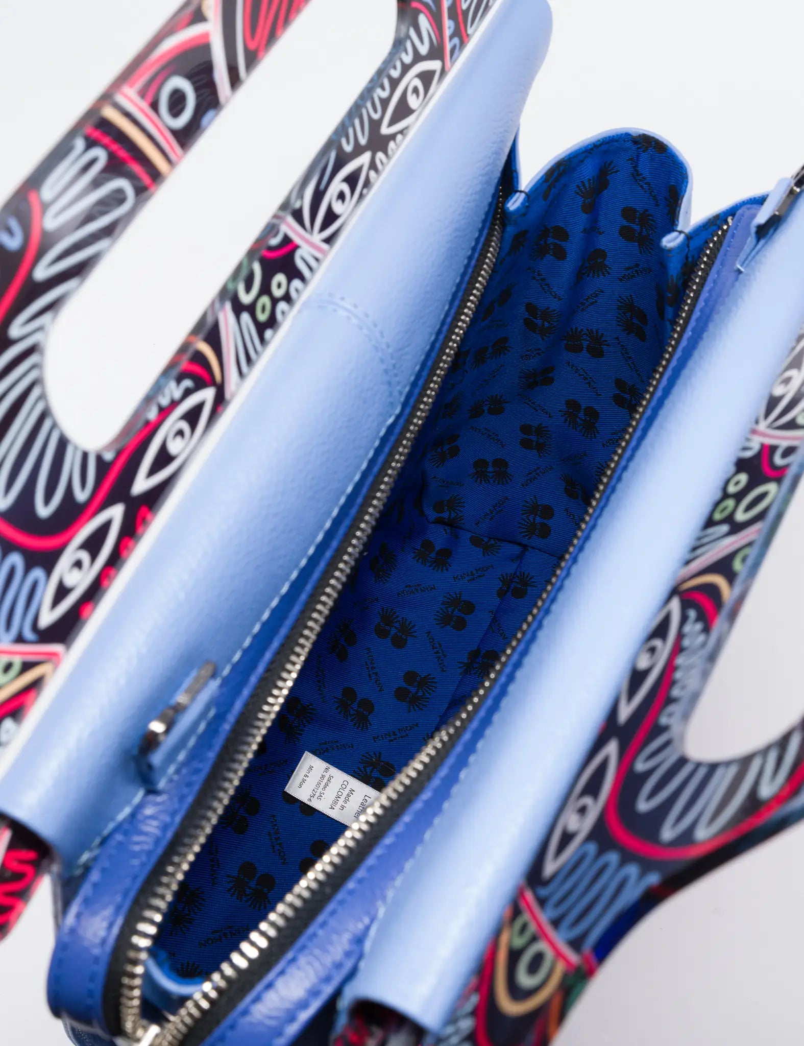 Crossbody Blue Leather Handbag Multicolored Octopus Design - Inside 