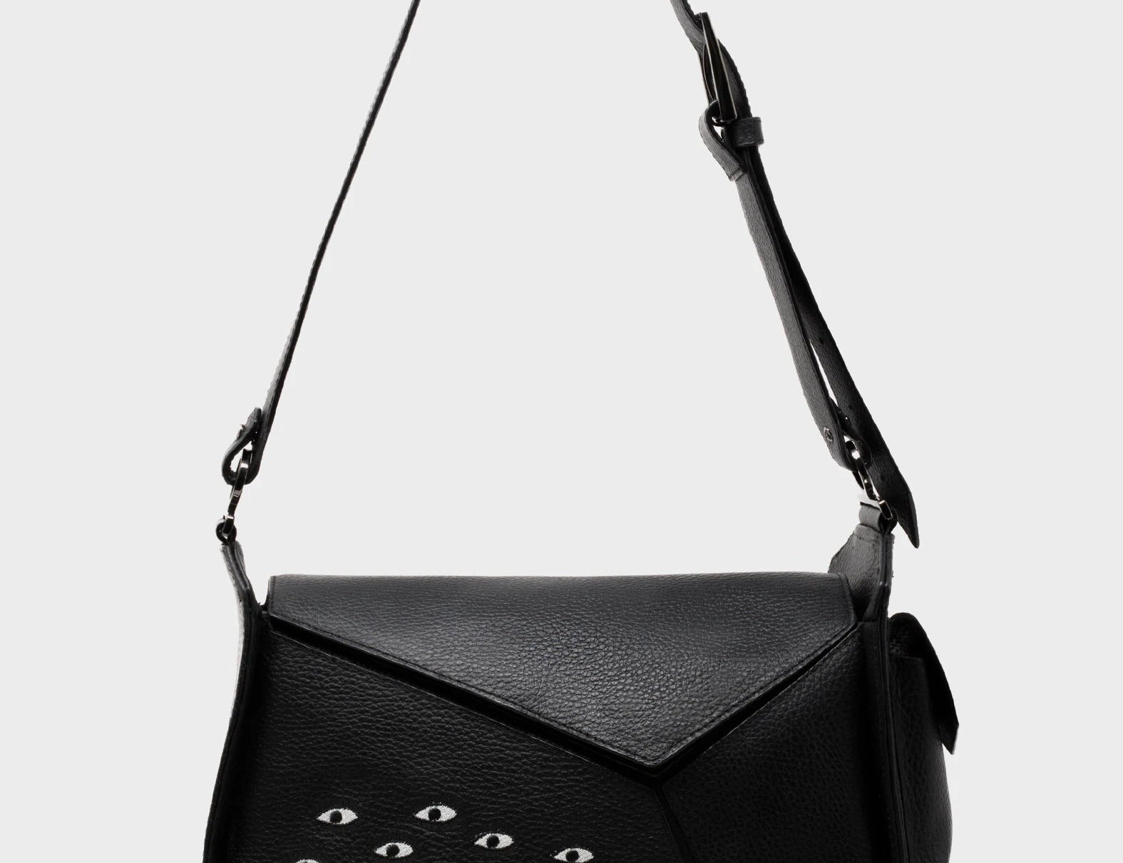 Houston Black Leather Shoulder Bag - Eyes Embroidery - Front View