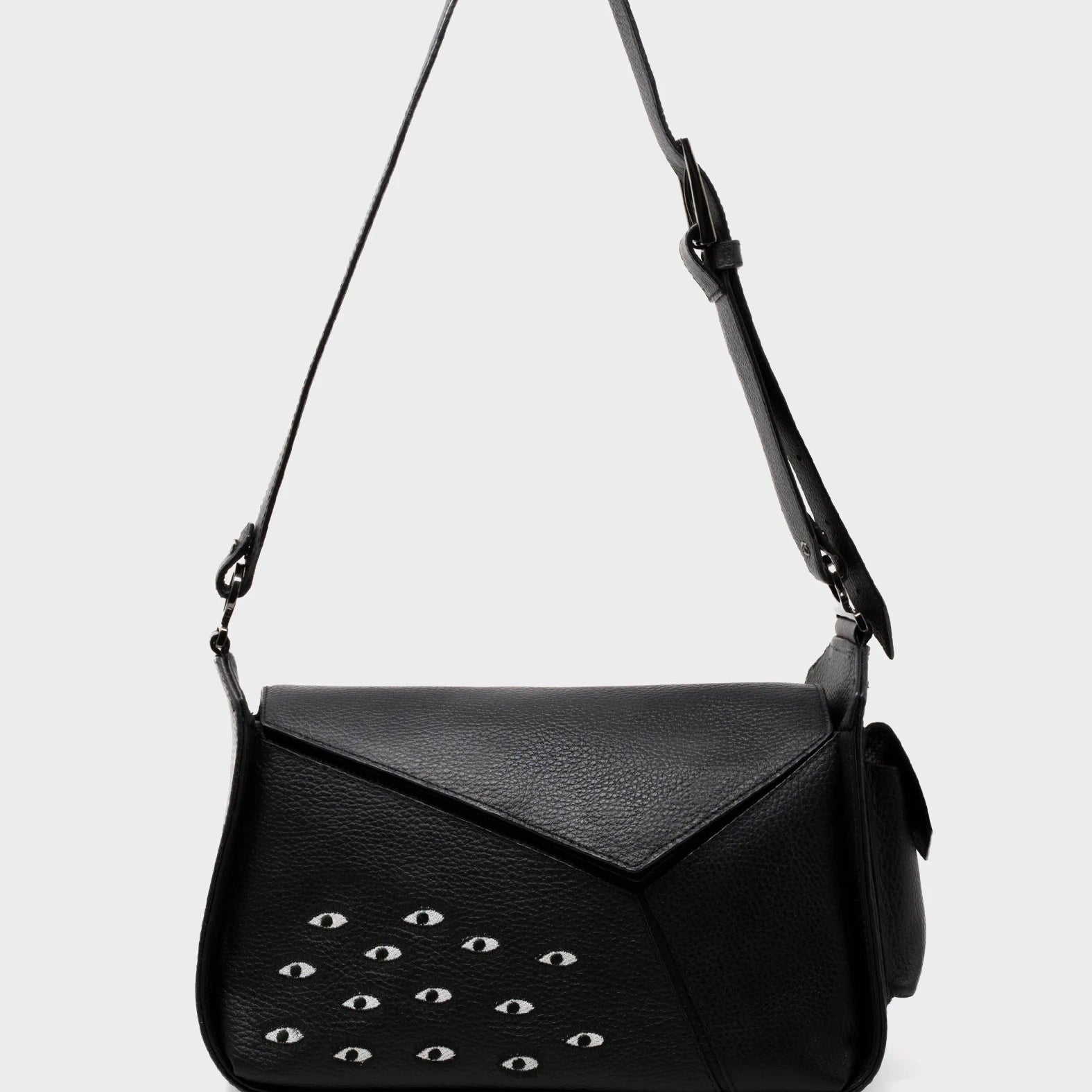Houston Black Leather Shoulder Bag - Eyes Embroidery - Front View
