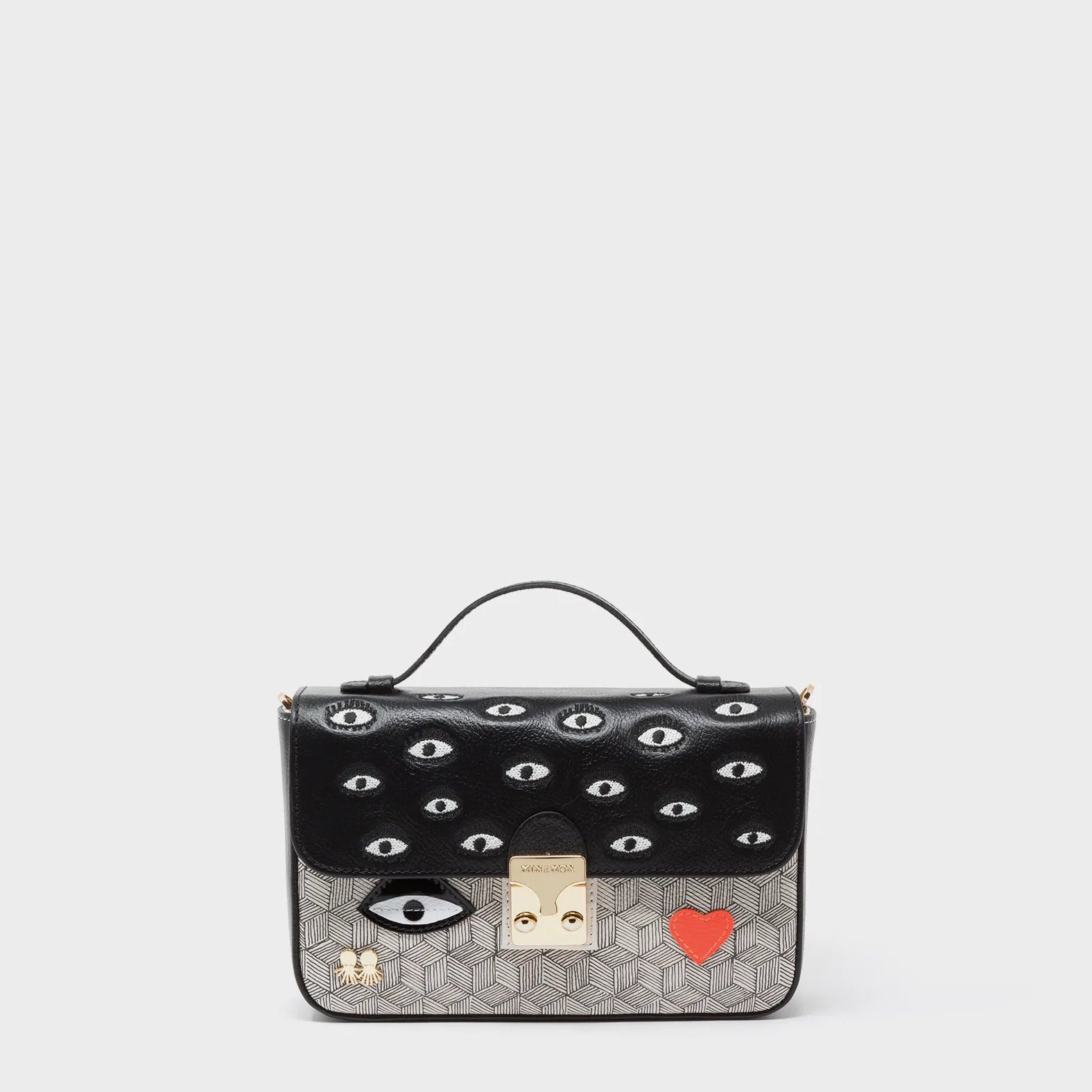 Amantis Crossbody Handbag - Black and Cream All Over Eyes Embroidery - Front view