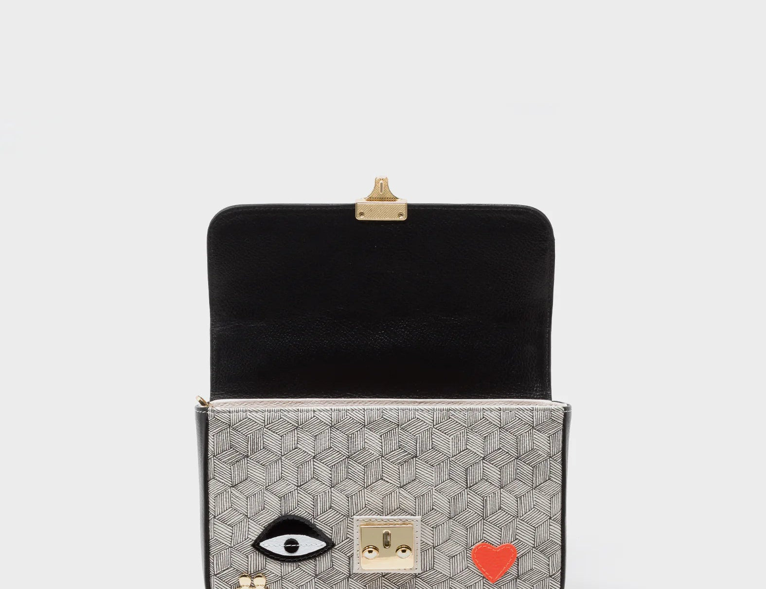 Amantis Crossbody Handbag - Black and Cream All Over Eyes Embroidery - Open view