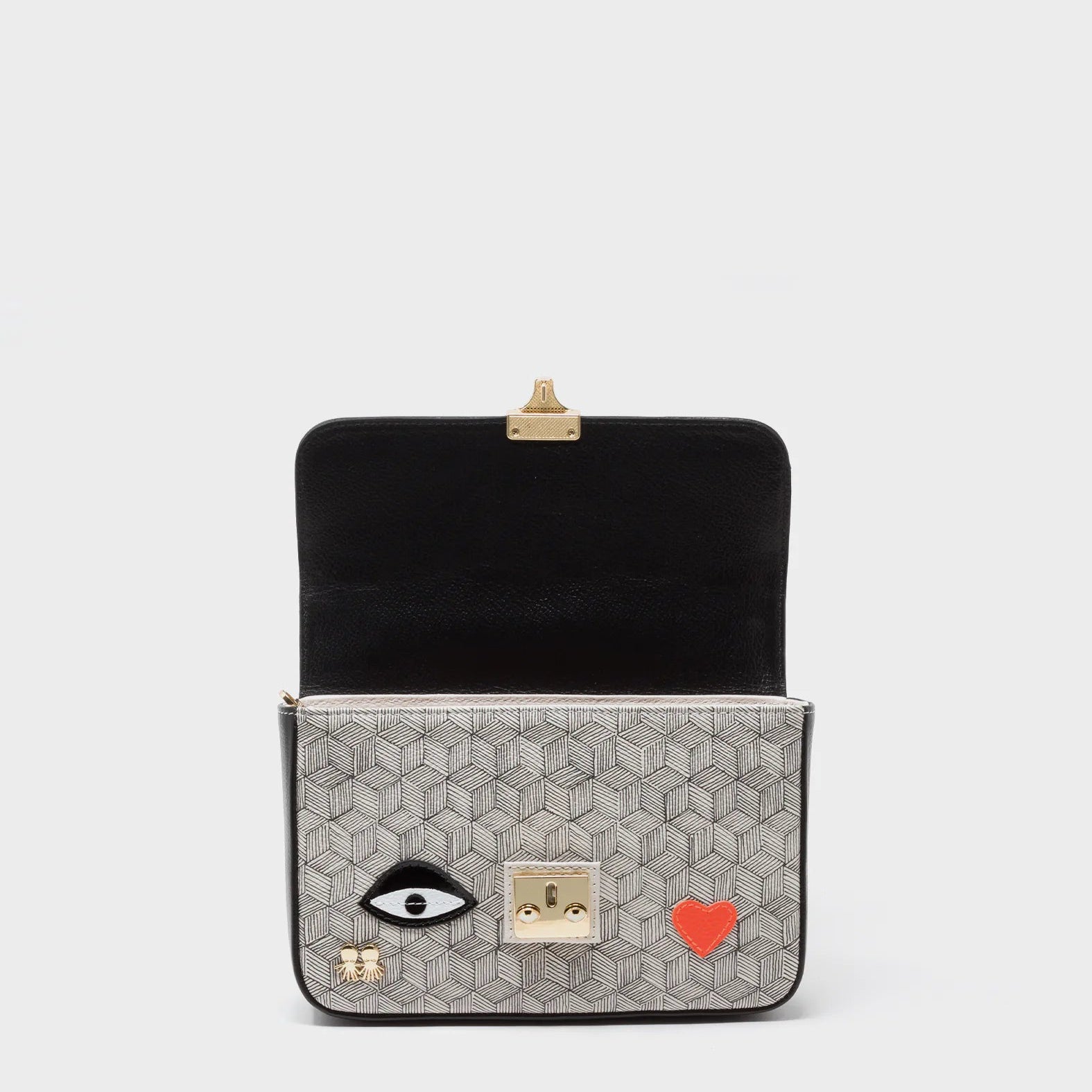 Amantis Crossbody Handbag - Black and Cream All Over Eyes Embroidery - Open view