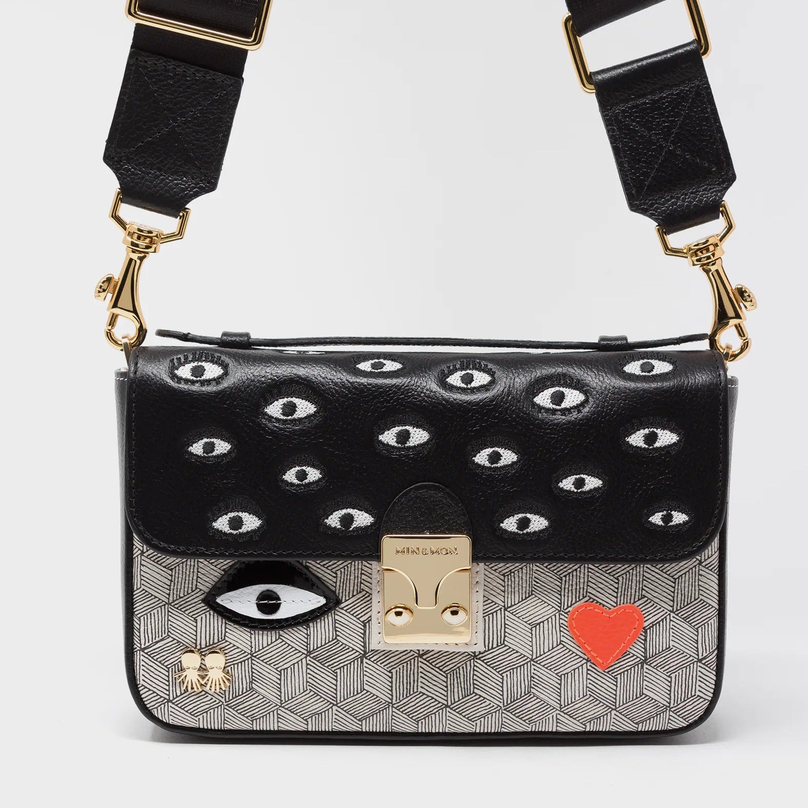 Amantis Crossbody Handbag - Black and Cream All Over Eyes Embroidery - Detail view