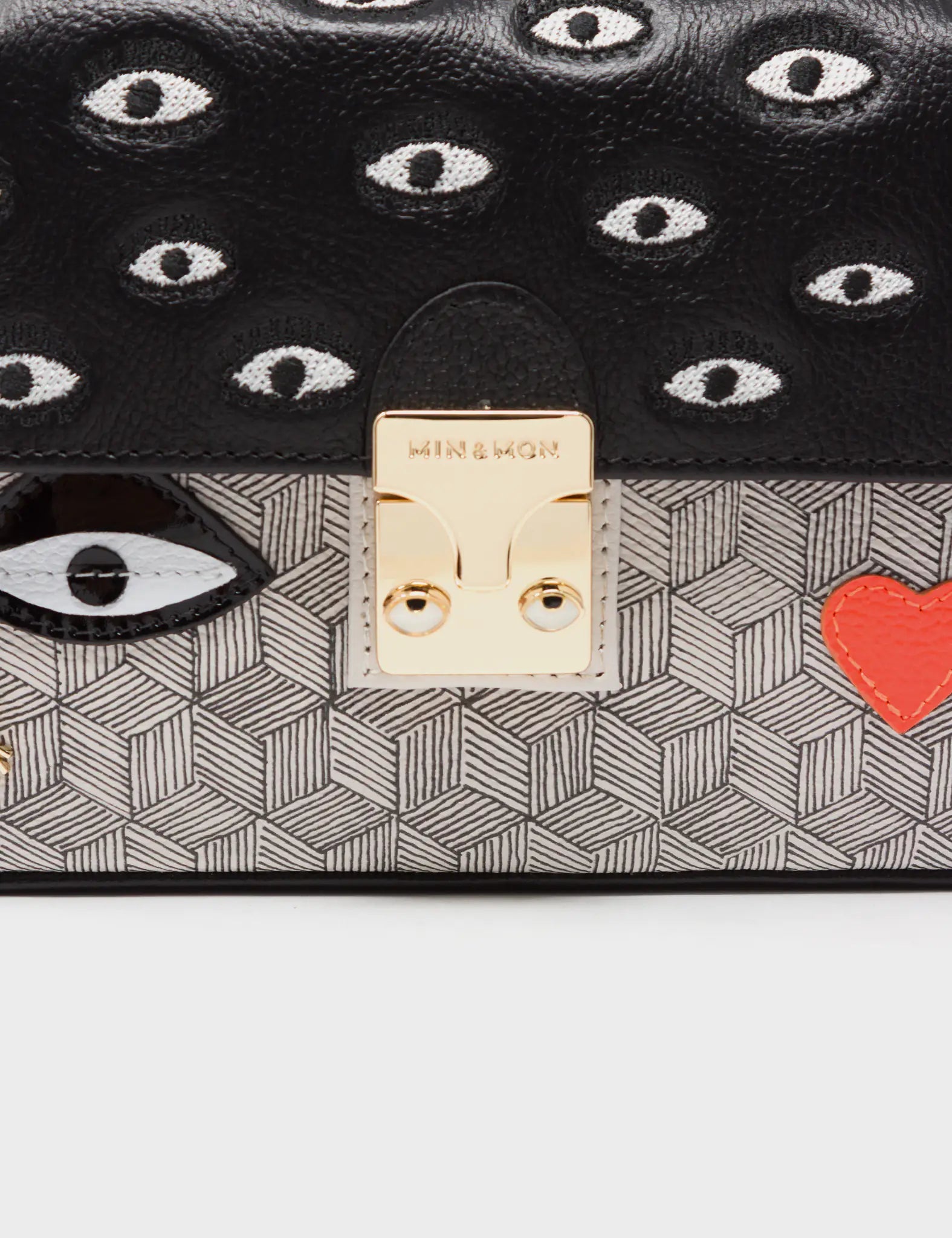 Amantis Crossbody Handbag - Black and Cream All Over Eyes Embroidery - Close up view