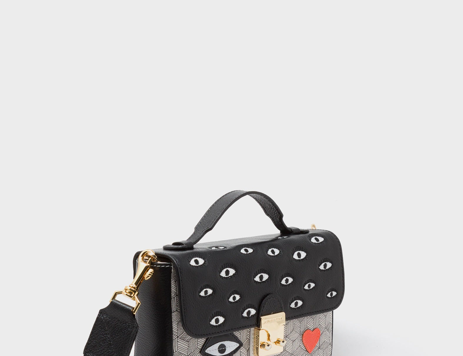 Amantis Crossbody Handbag - Black and Cream All Over Eyes Embroidery - Front corner angle view