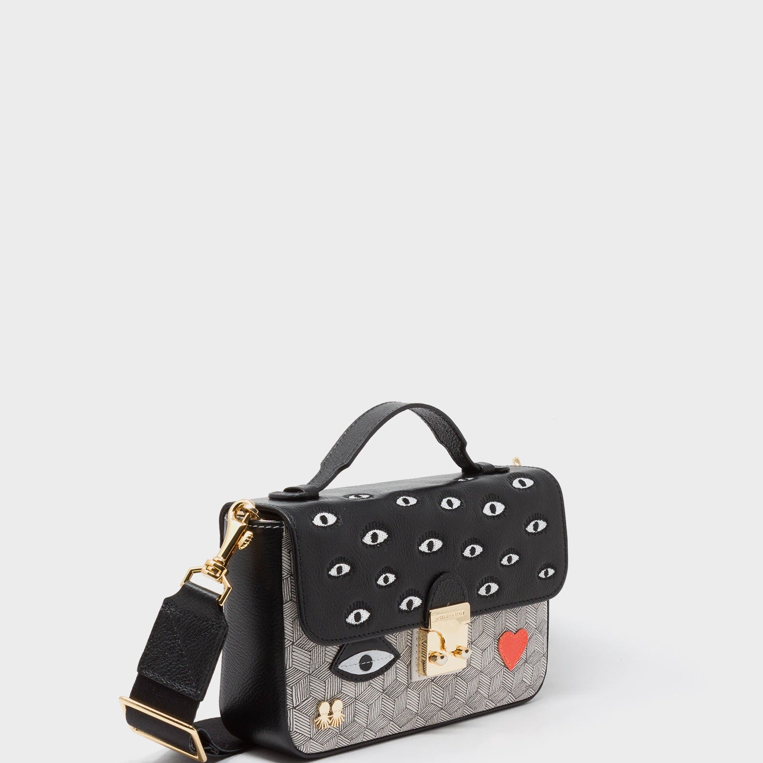 Amantis Crossbody Handbag - Black and Cream All Over Eyes Embroidery - Front corner angle view