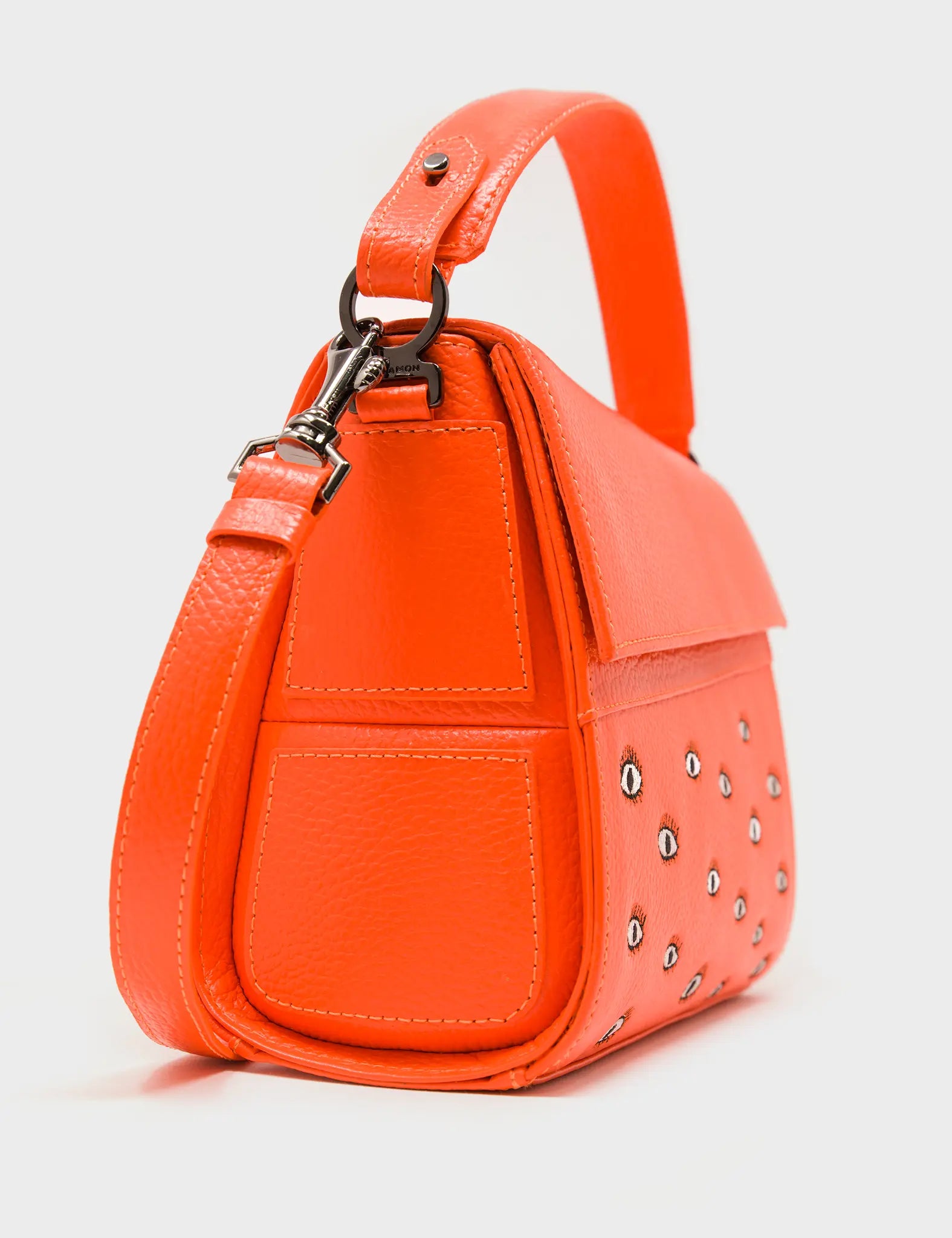 Anastasio Crossbody Handbag - Neon Orange Leather All Over Eyes Embroidery - Side view