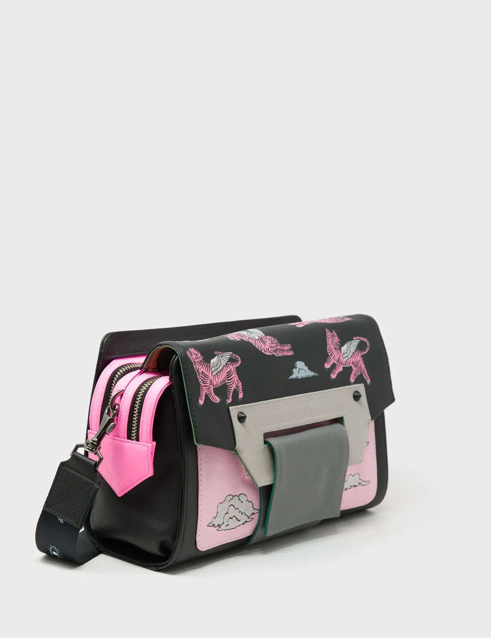 Cael Reversible Shoulder Bag - Black and Pink Tangle Tales Print - Front corner angle view