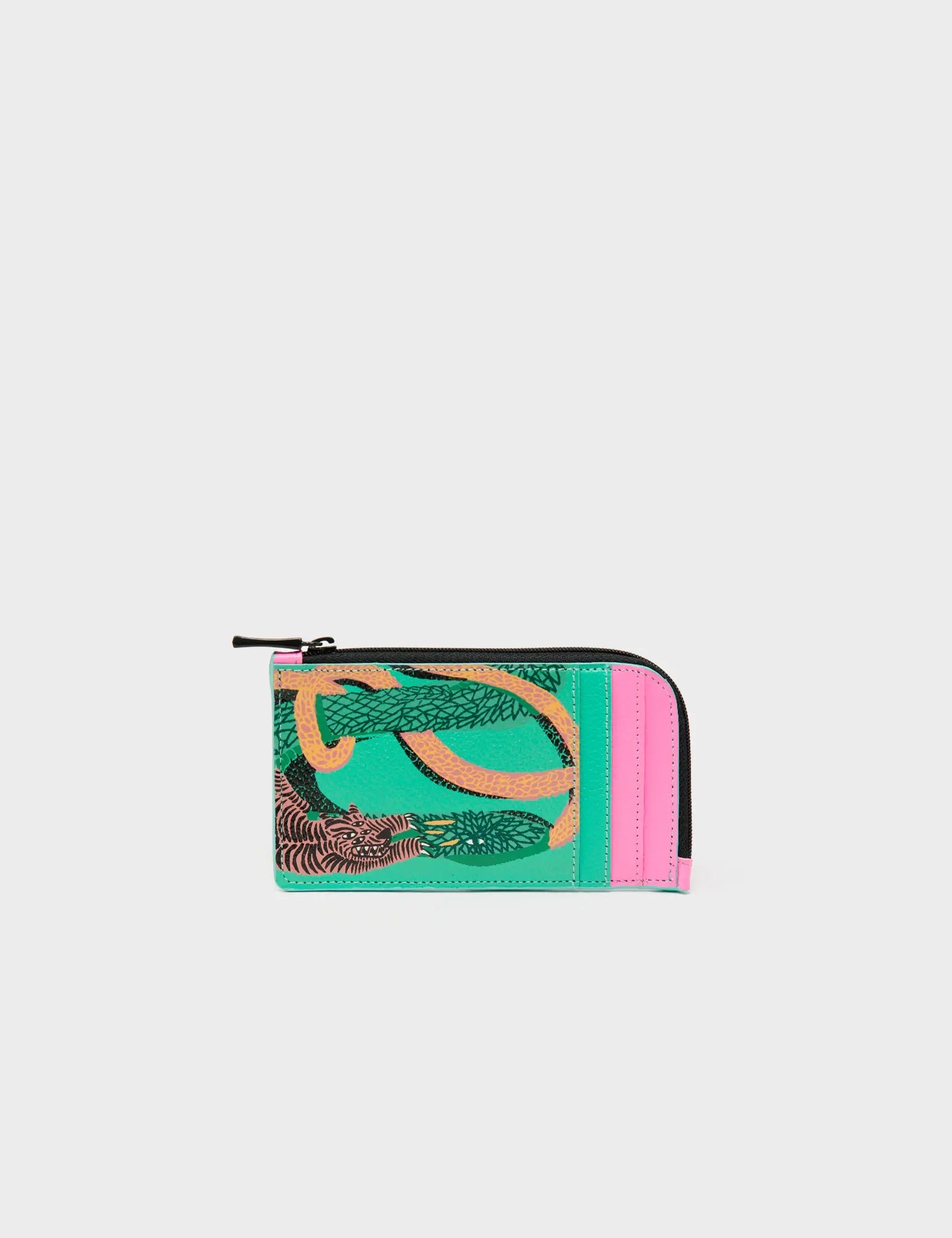    Fausto Wallet - Biscay Green Leather Tangle Tales Print - Front viewZip-around Wallet - Biscay Green Leather Tiger and Snake Print