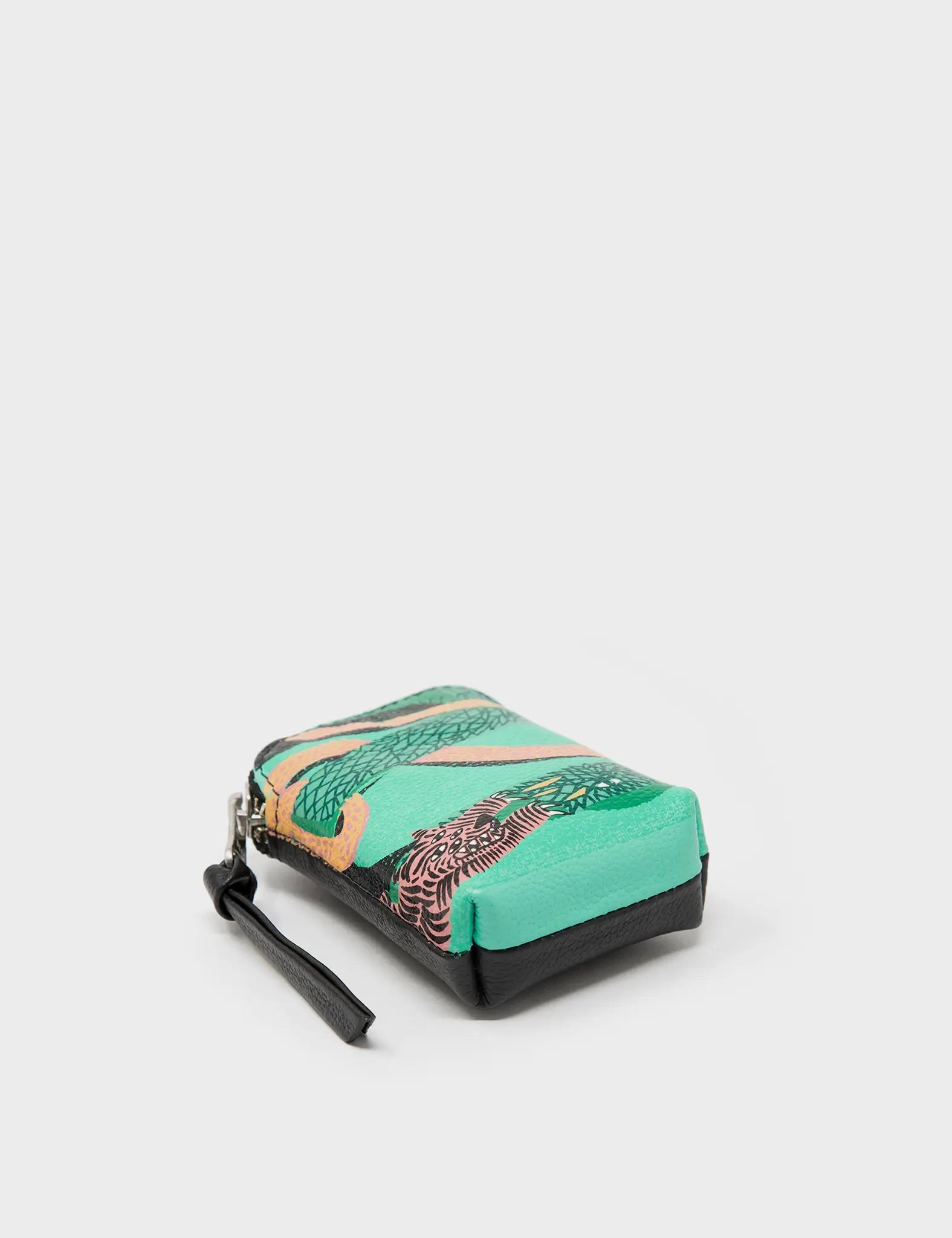 Florence Pouch Charm - Green Leather Keychain Tiger And Snake Print - Close up view
