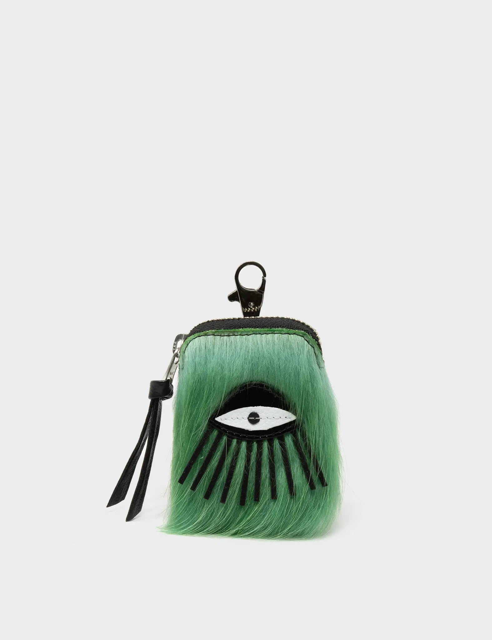 Florence Pouch Charm - Green Fur Leather Keychain Eye Applique - Front view