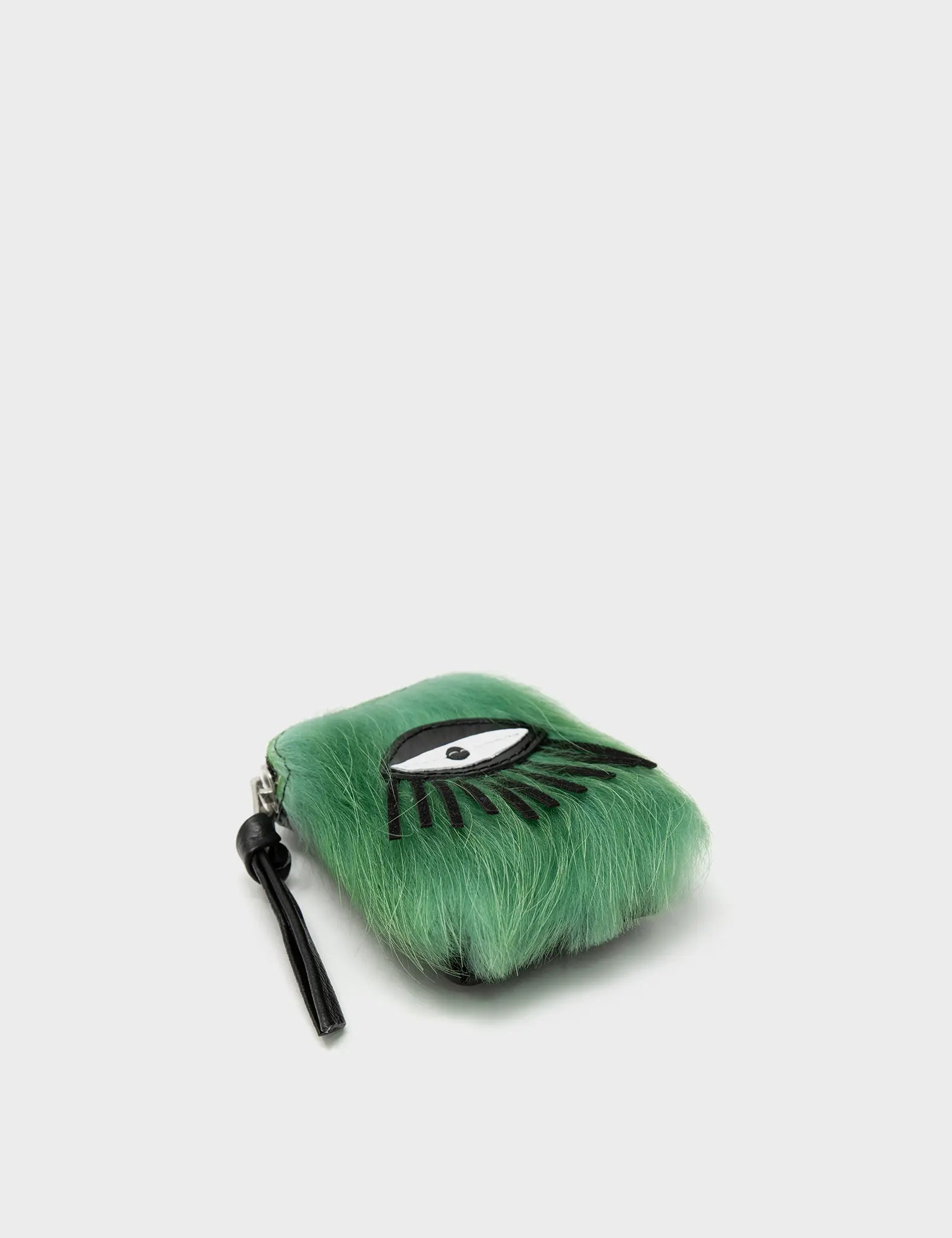 Florence Pouch Charm - Green Fur Leather Keychain Eye Applique - Front corner angle view