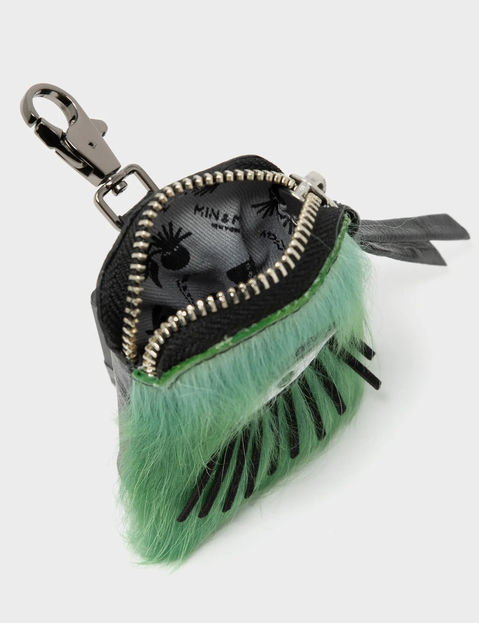 Florence Pouch Charm - Green Fur Leather Keychain Eye Applique - Inside view