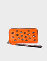 Francis Neon Orange Leather Wallet - All Over Eyes Embroidery Print - Front view