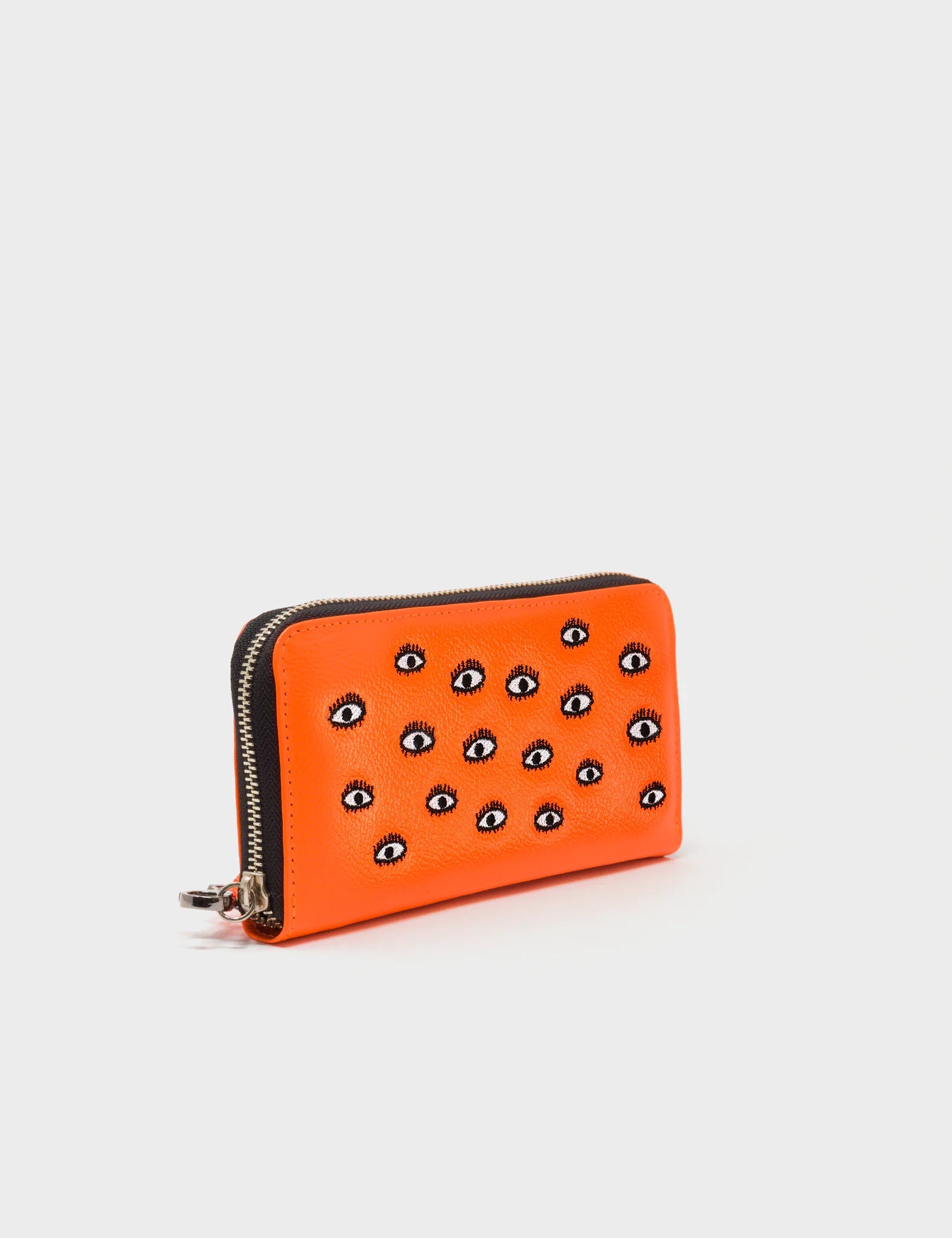 Francis Neon Orange Leather Wallet - All Over Eyes Embroidery Print - Front corner angle view