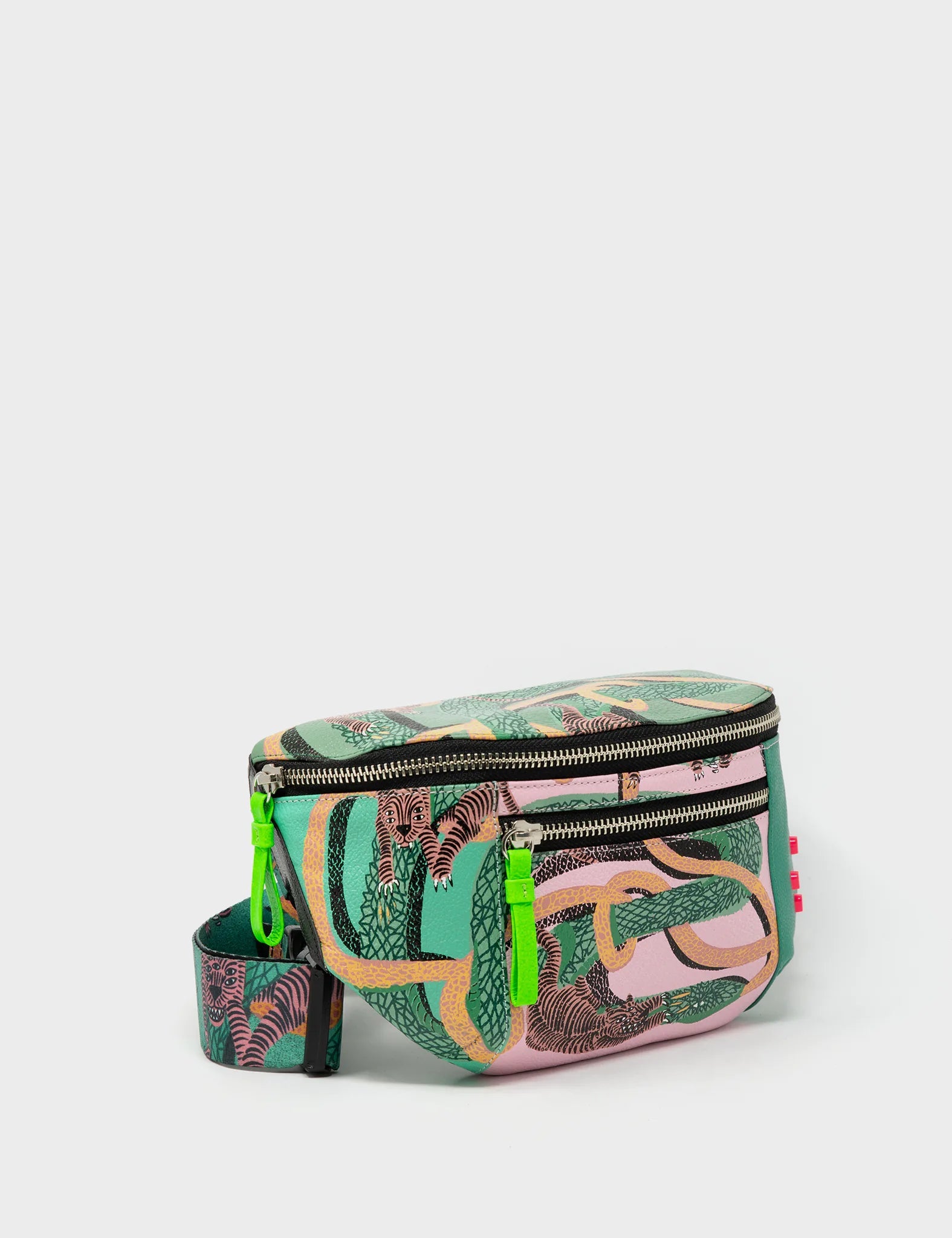 Harold Fanny Pack Deep Green Leather - Tiger And Snake Print - Front corner angle view