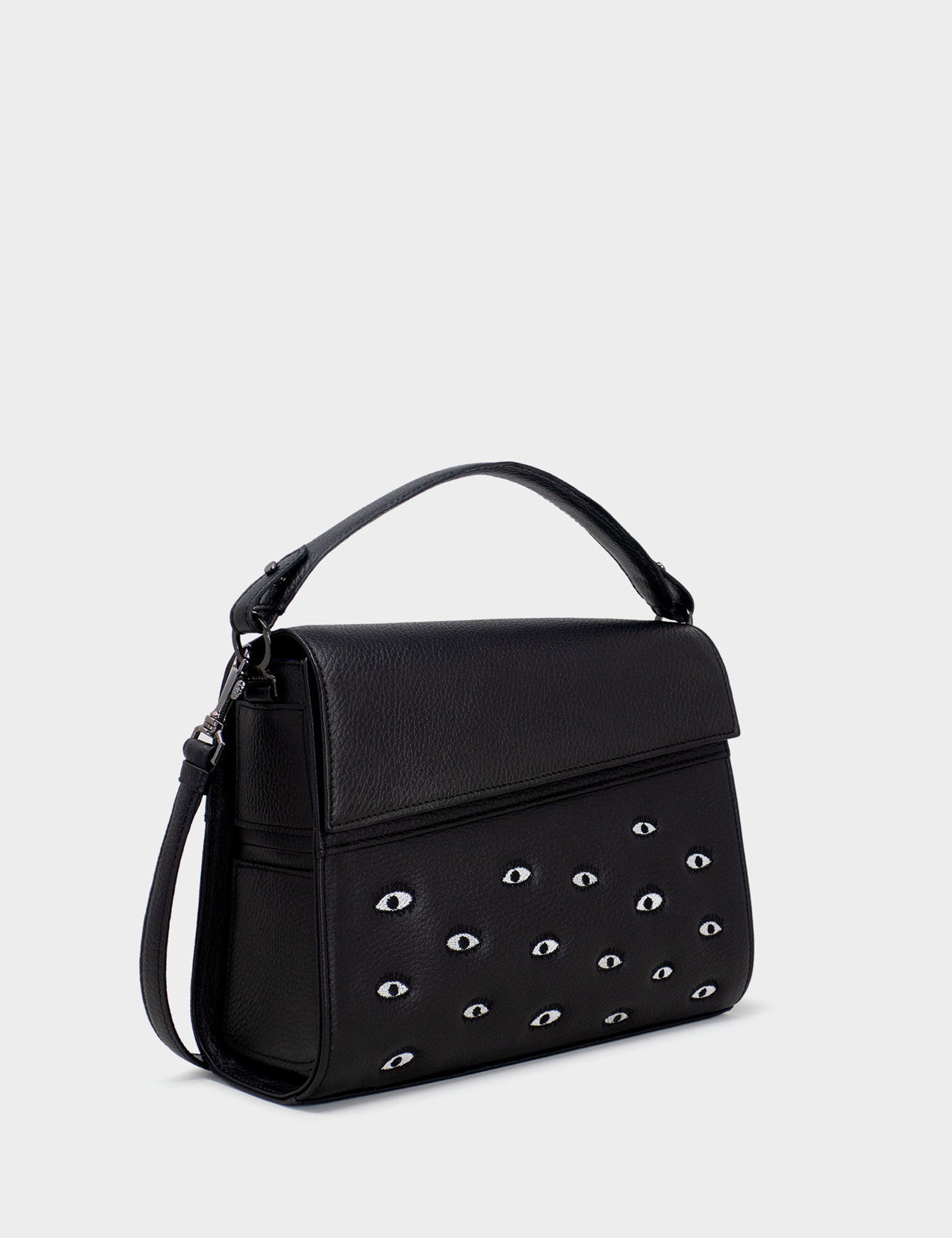Anastasio Medium Crossbody Handbag Black Leather - Eyes Embroidery - Front corner angle view