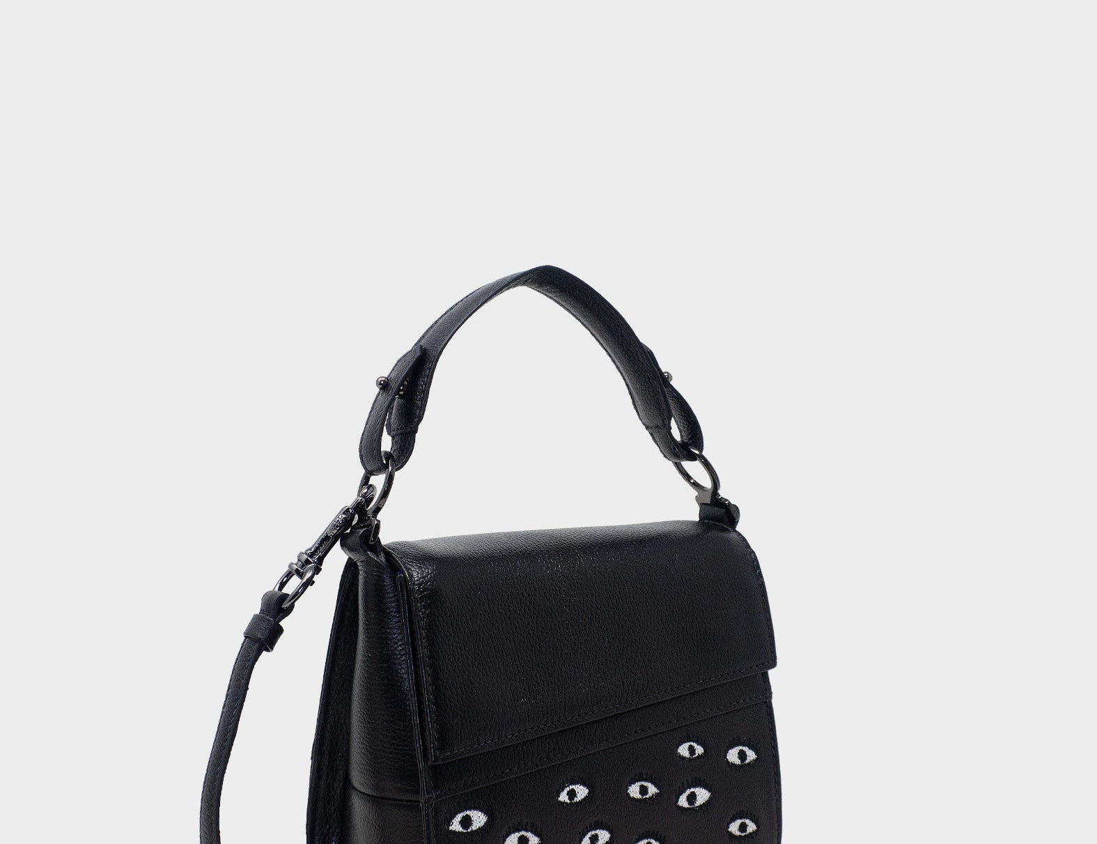 Anastasio Micro Crossbody Handbag Black Leather - Eyes Embroidery Print - Main View