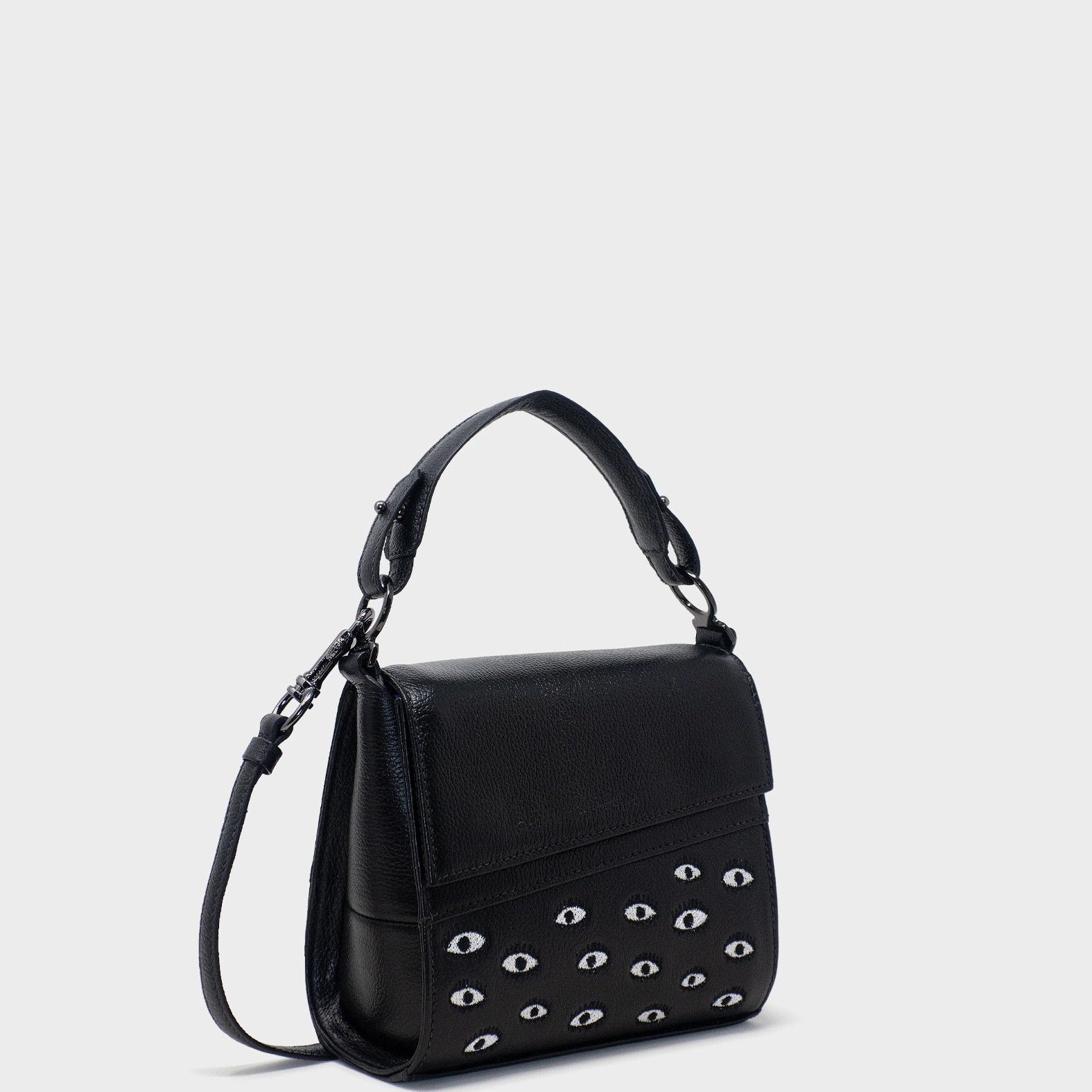Anastasio Micro Crossbody Handbag Black Leather - Eyes Embroidery Print - Main View