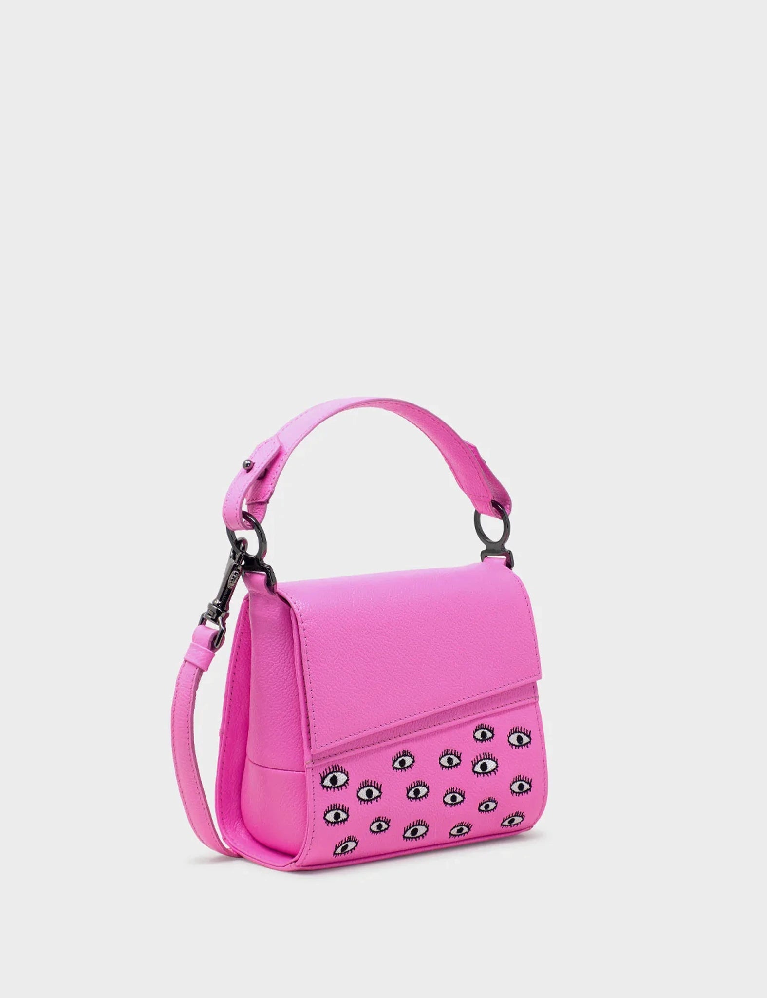 Anastasio Micro Crossbody Handbag Bubblegum Pink Leather - Eyes Embroidery - Front corner angle view