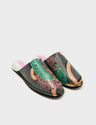 Slippers - Black Leather Tangle Tales Print - Front corner angle view