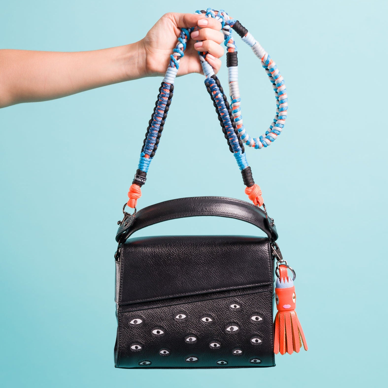 Anastasio Mini Crossbody Handbag Black Leather - All Over Eyes Embroidery - Personalize