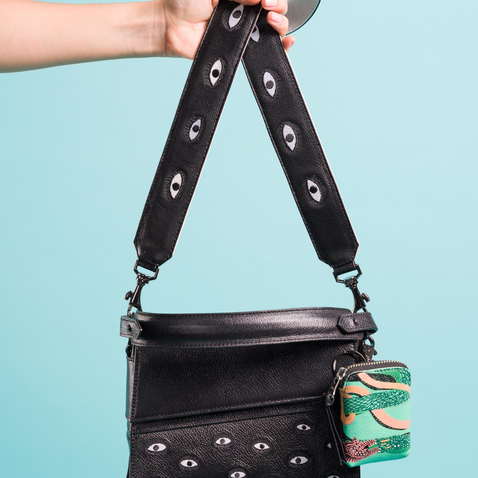 Anastasio Mini Crossbody Handbag Black Leather - All Over Eyes Embroidery - Personalize Your Bag