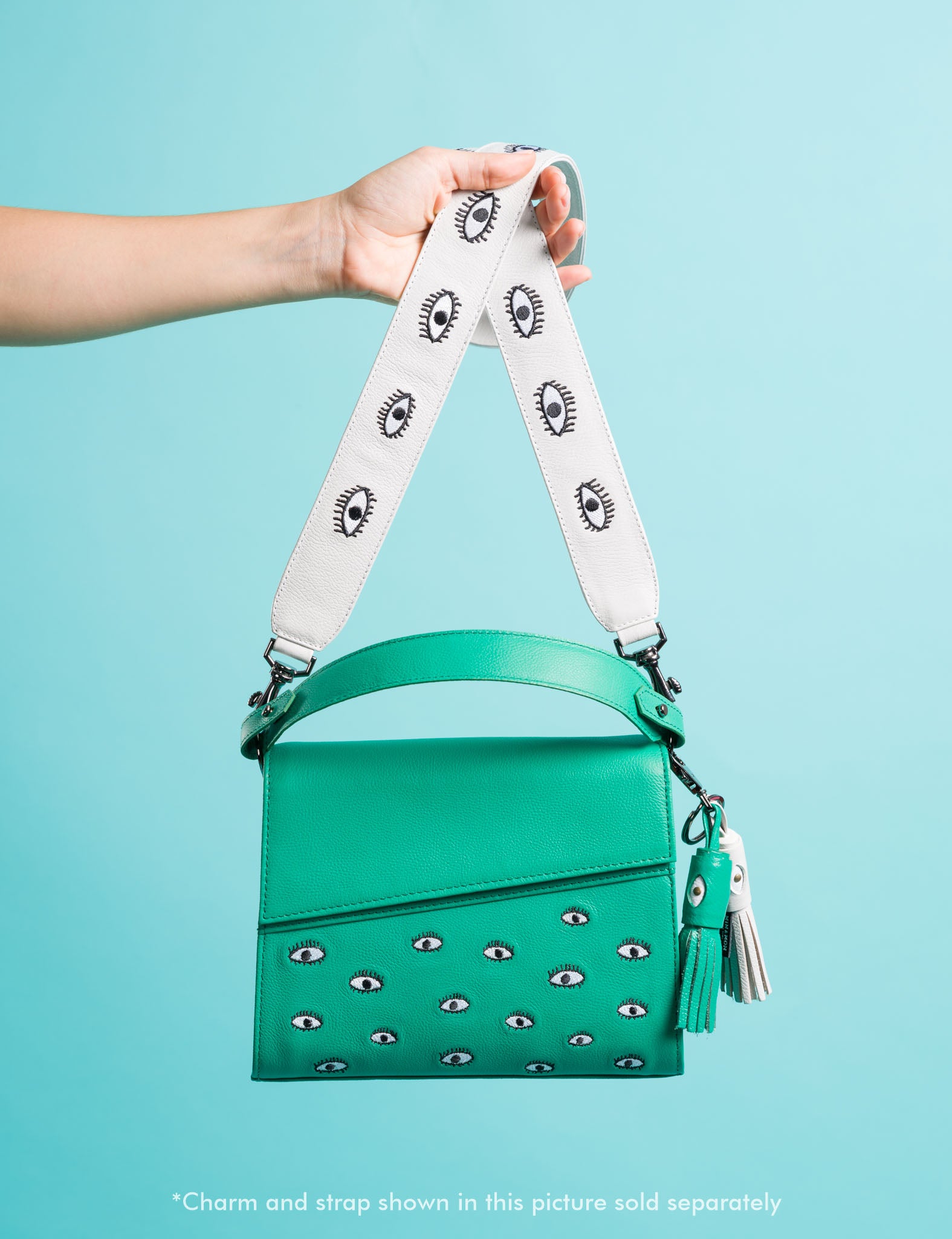Anastasio Mini Crossbody Handbag Deep Green Leather - All Over Eyes Embroidery - Personalize with cream strap
