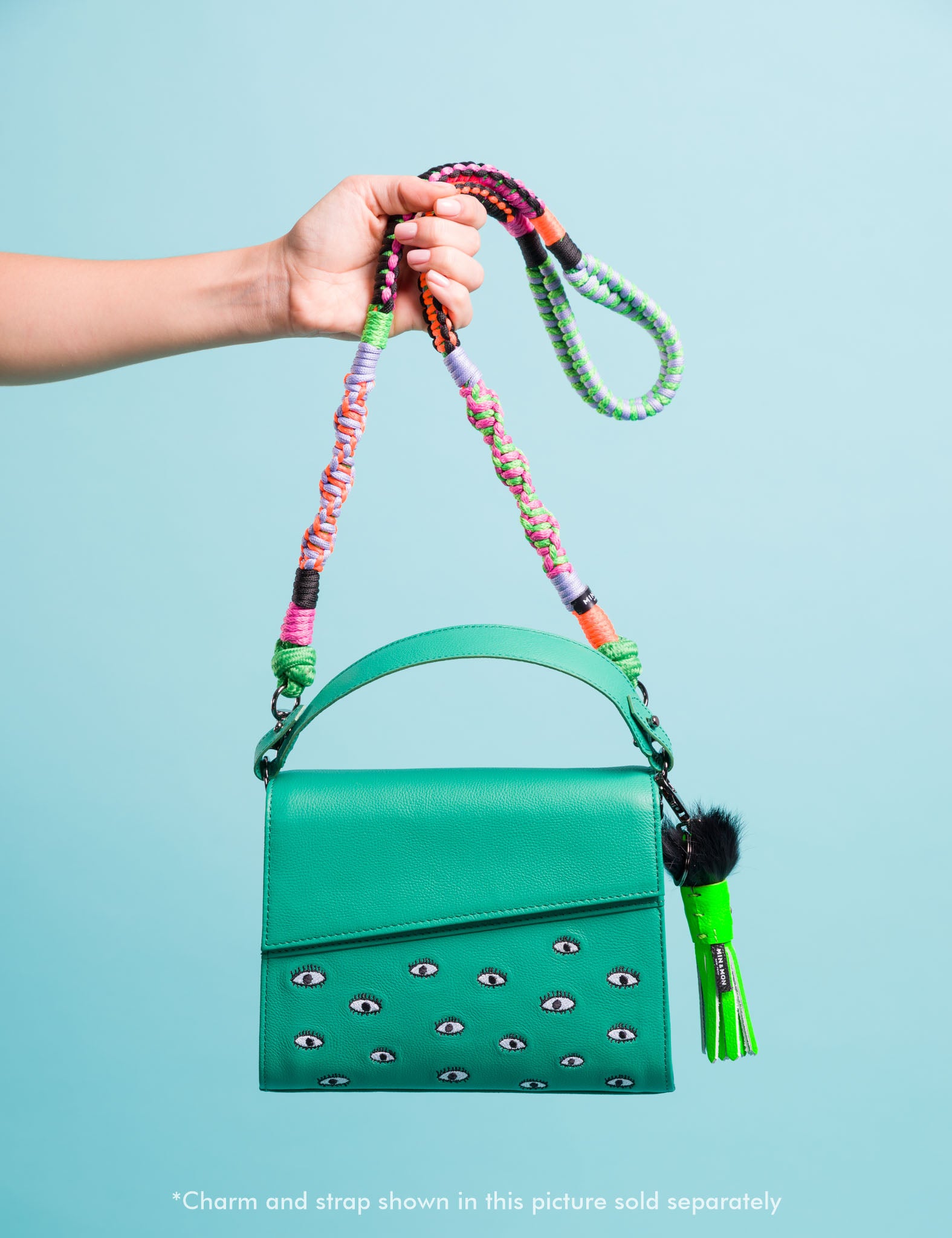 Anastasio Mini Crossbody Handbag Deep Green Leather - All Over Eyes Embroidery - personalize with handwoven strap