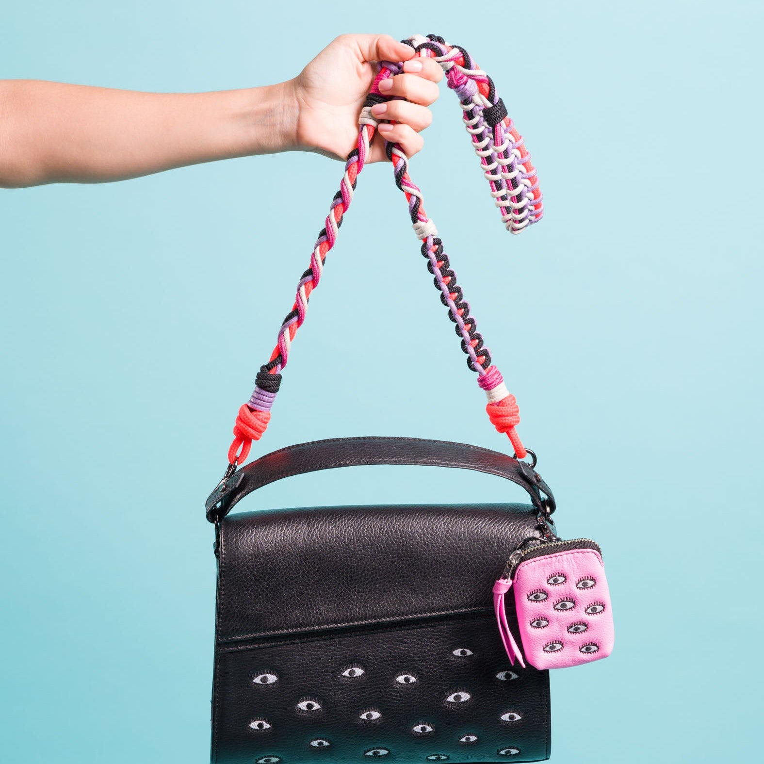 Anastasio Medium Crossbody Handbag Black Leather - Eyes Embroidery - How To Personalize 