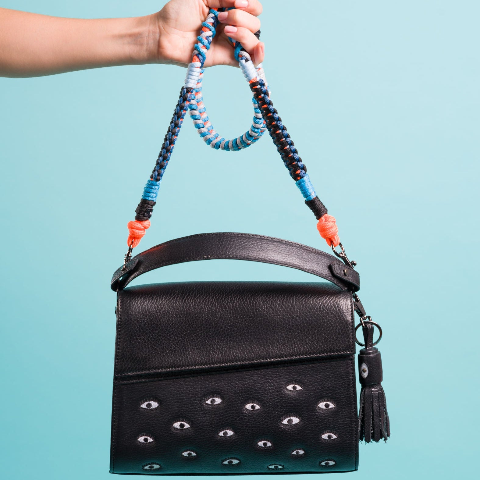 Anastasio Medium Crossbody Handbag Black Leather - Eyes Embroidery 