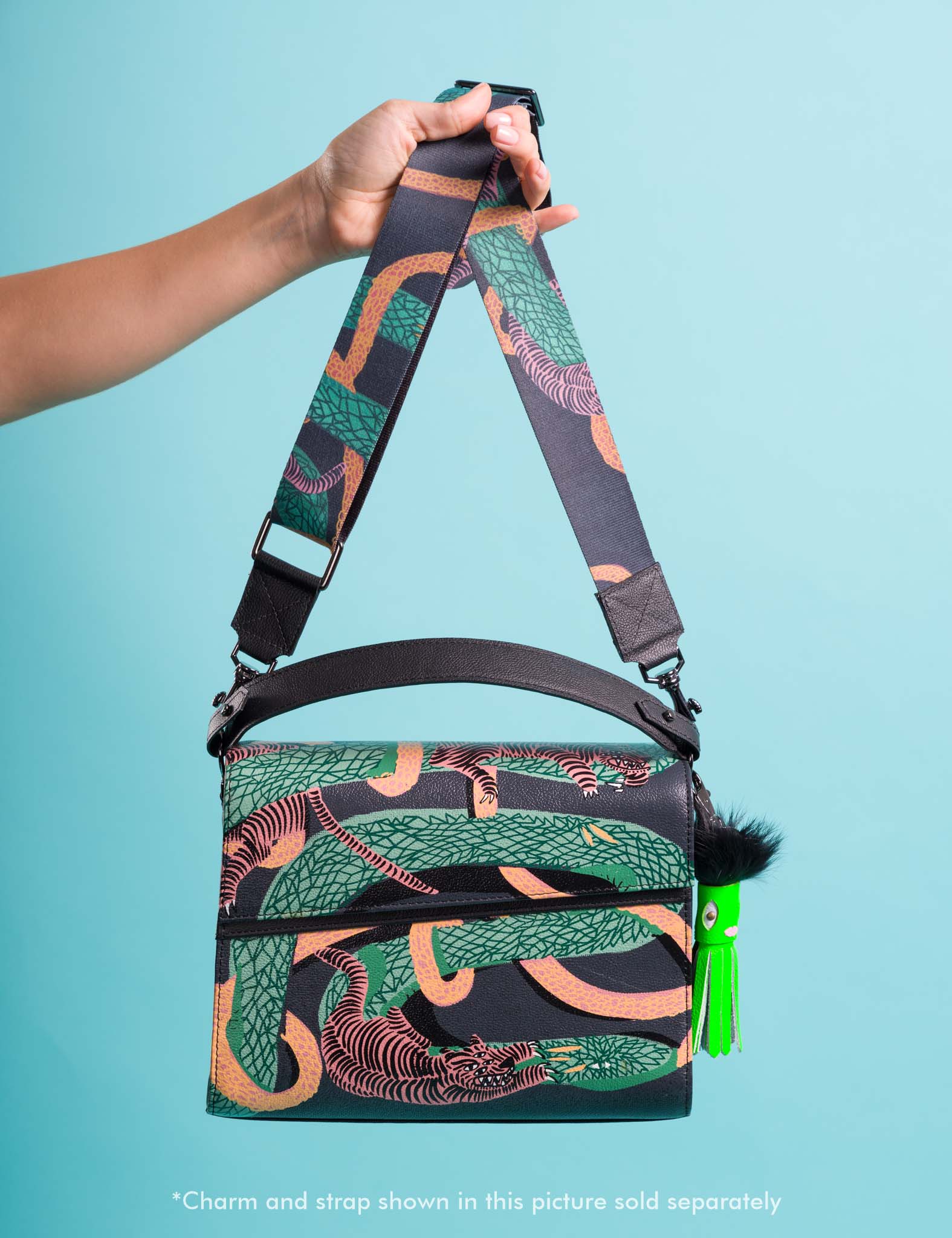 Medium Crossbody Handbag Black Leather - Tiger And Snake Print