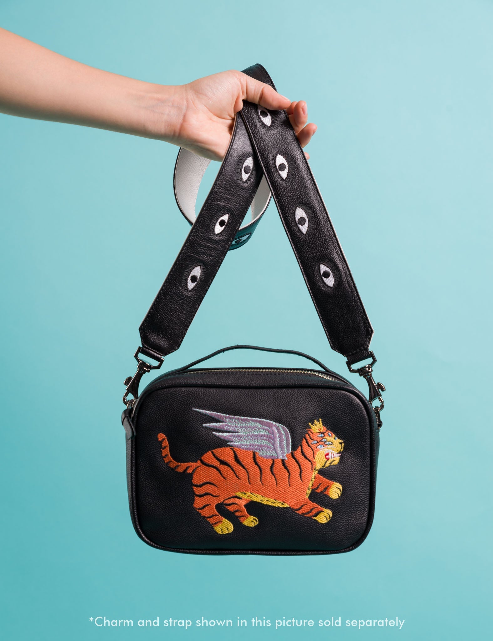 Black Leather Box Bag: Tiger Wings Embroidery | NYC Slow Fashion - Personalize with black eyes leather strap 