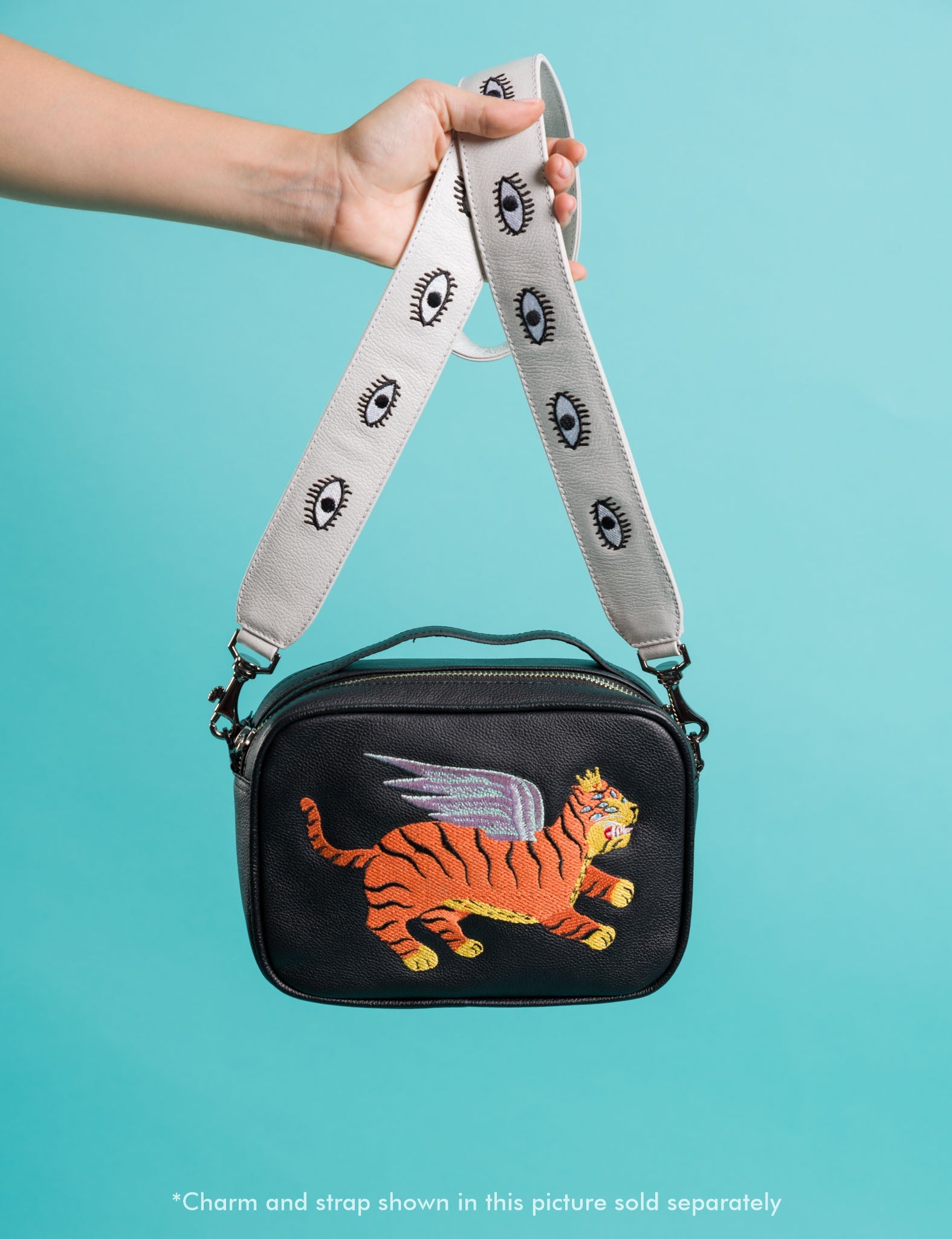 Black Leather Box Bag: Tiger Wings Embroidery | NYC Slow Fashion - Personalize with cream eyes leather strap 