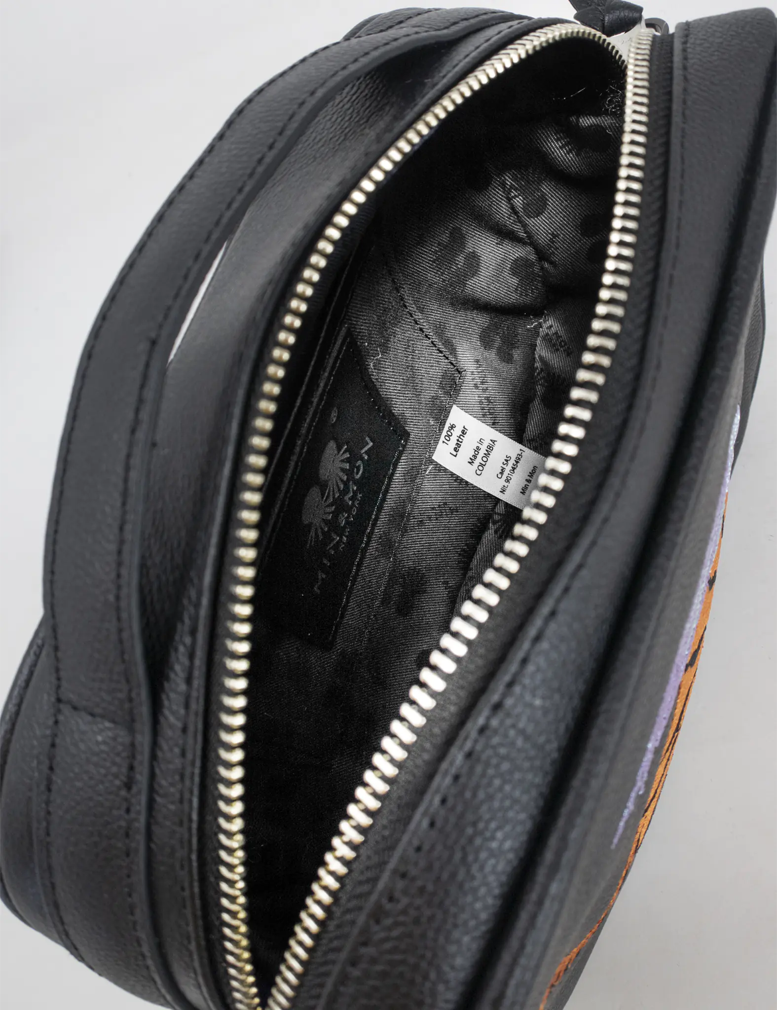 Black Leather Box Bag: Tiger Wings Embroidery | NYC Slow Fashion - Inside view