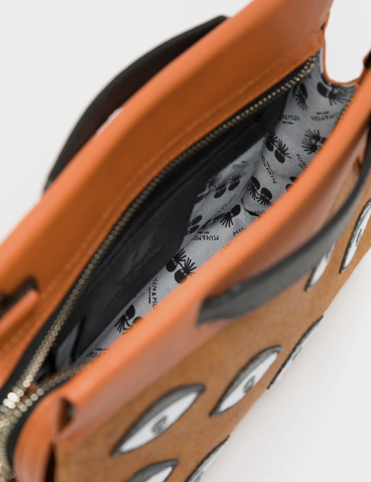 Vali Crossbody Small Caramel Leather Bag - Eyes Applique Adjustable Handle - Inside ciew