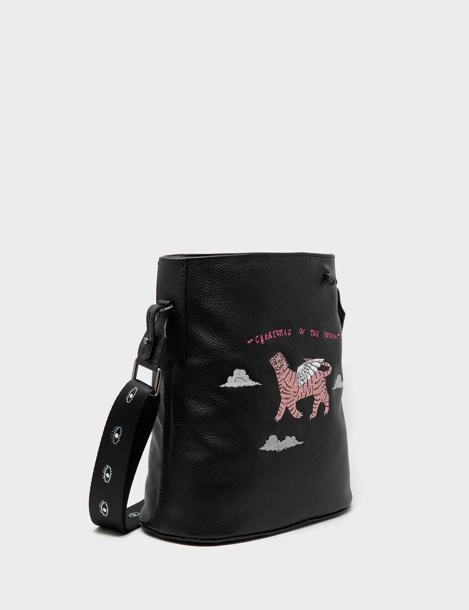 Vincent Bucket Bag - Black Leather Winged Tiger Embroidery